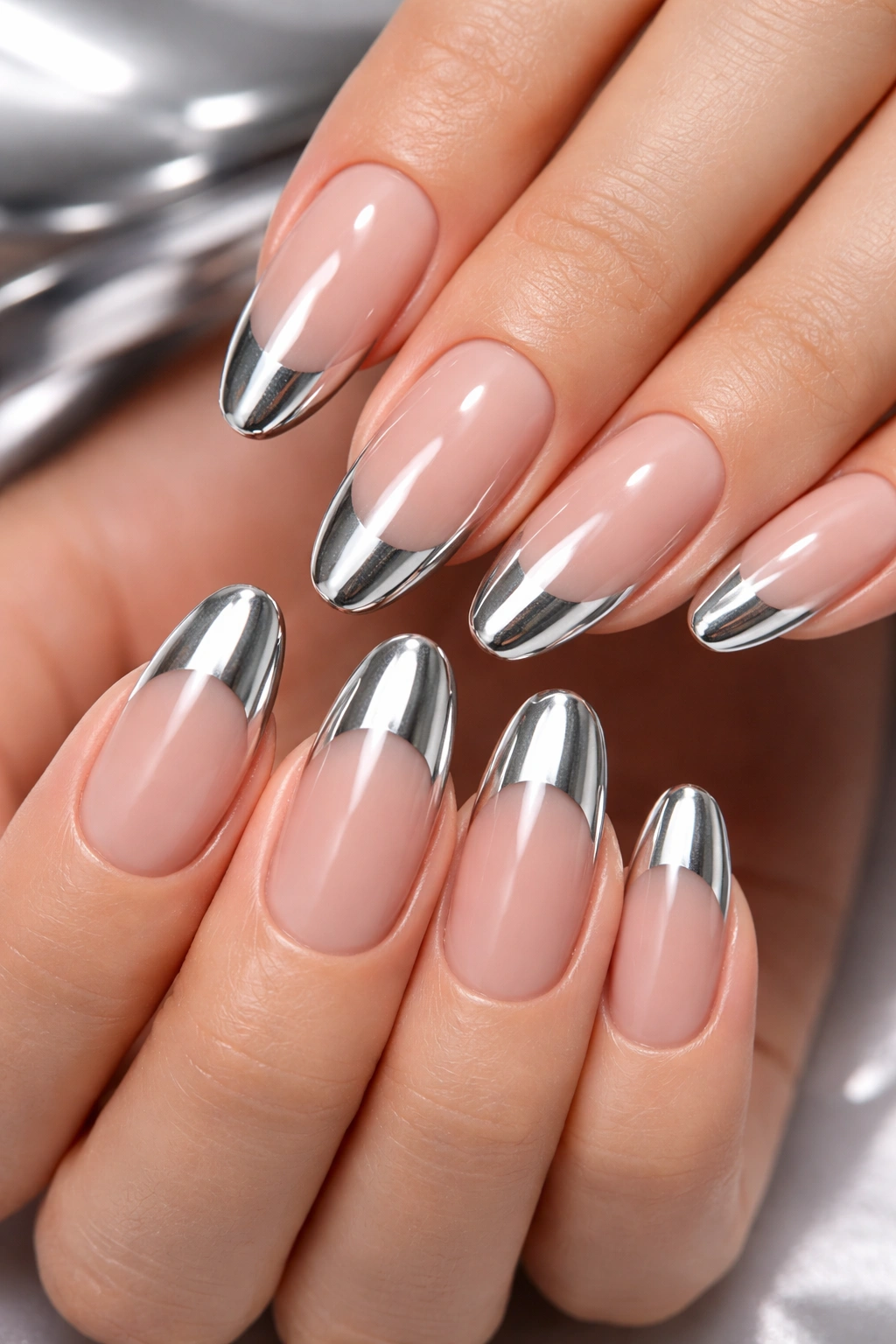 Close-up of long round nails with chrome mirror tips on a neutral base