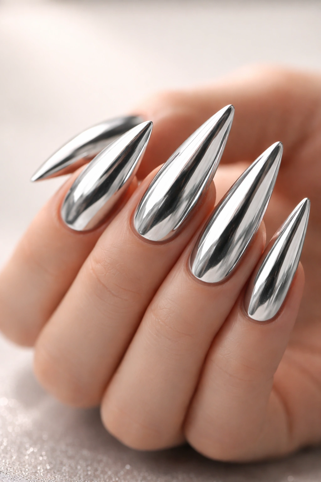 Close-up of stiletto nails with a polished chrome silver mirror finish and reflective surface