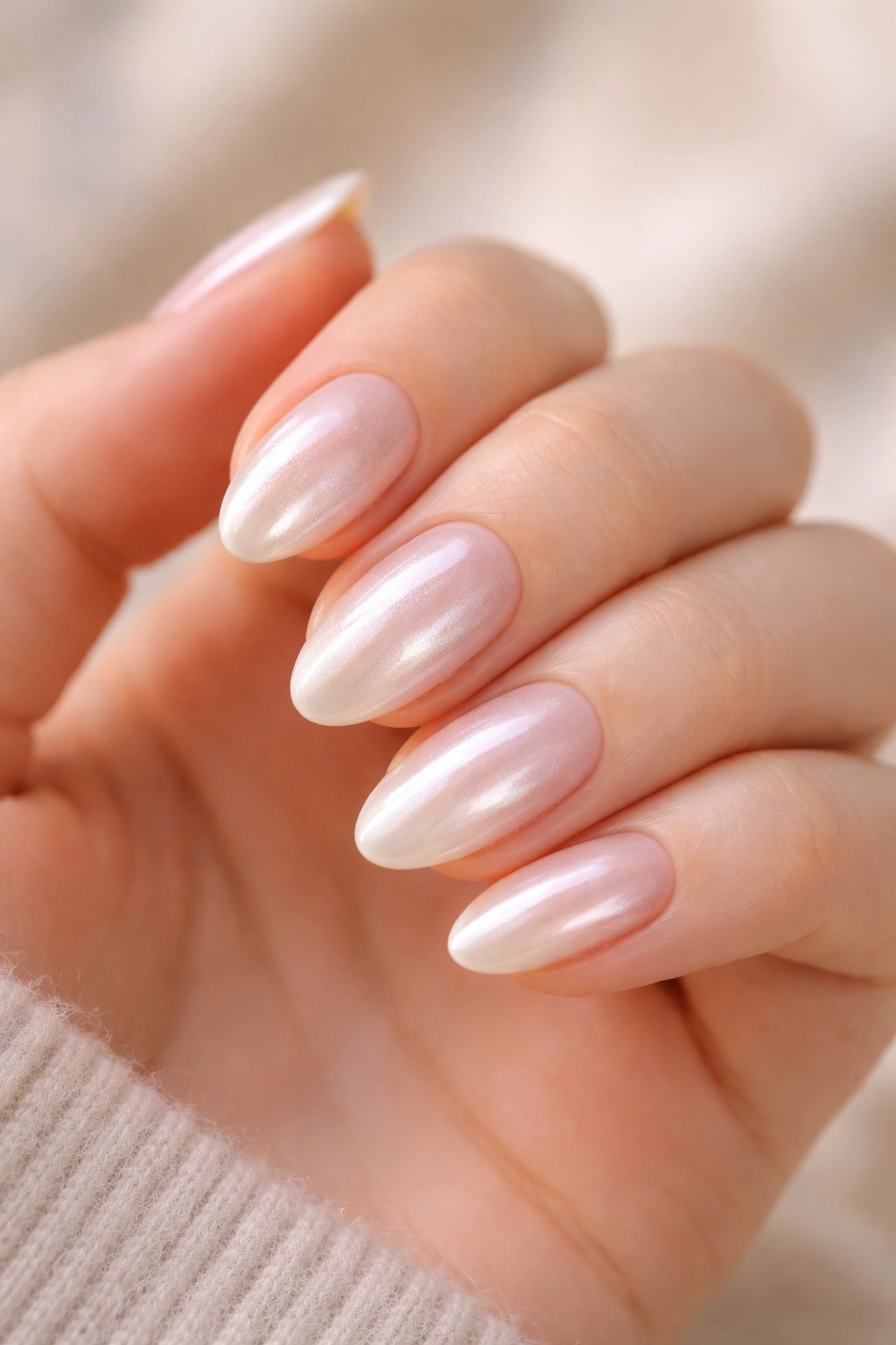 Short almond nails with chrome mist over nude base
