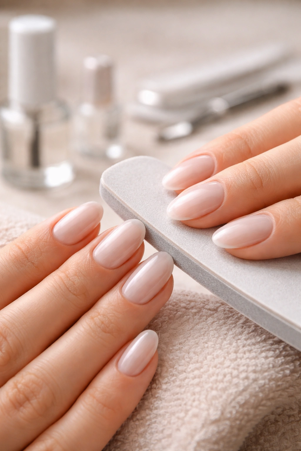 Hand with short almond nails being buffed for chrome shine