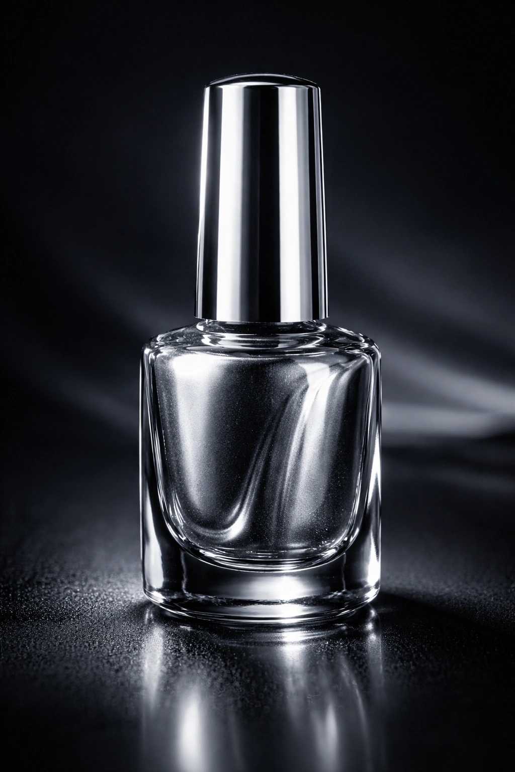 Chrome metallic nail polish bottle reflecting surroundings in a dark studio