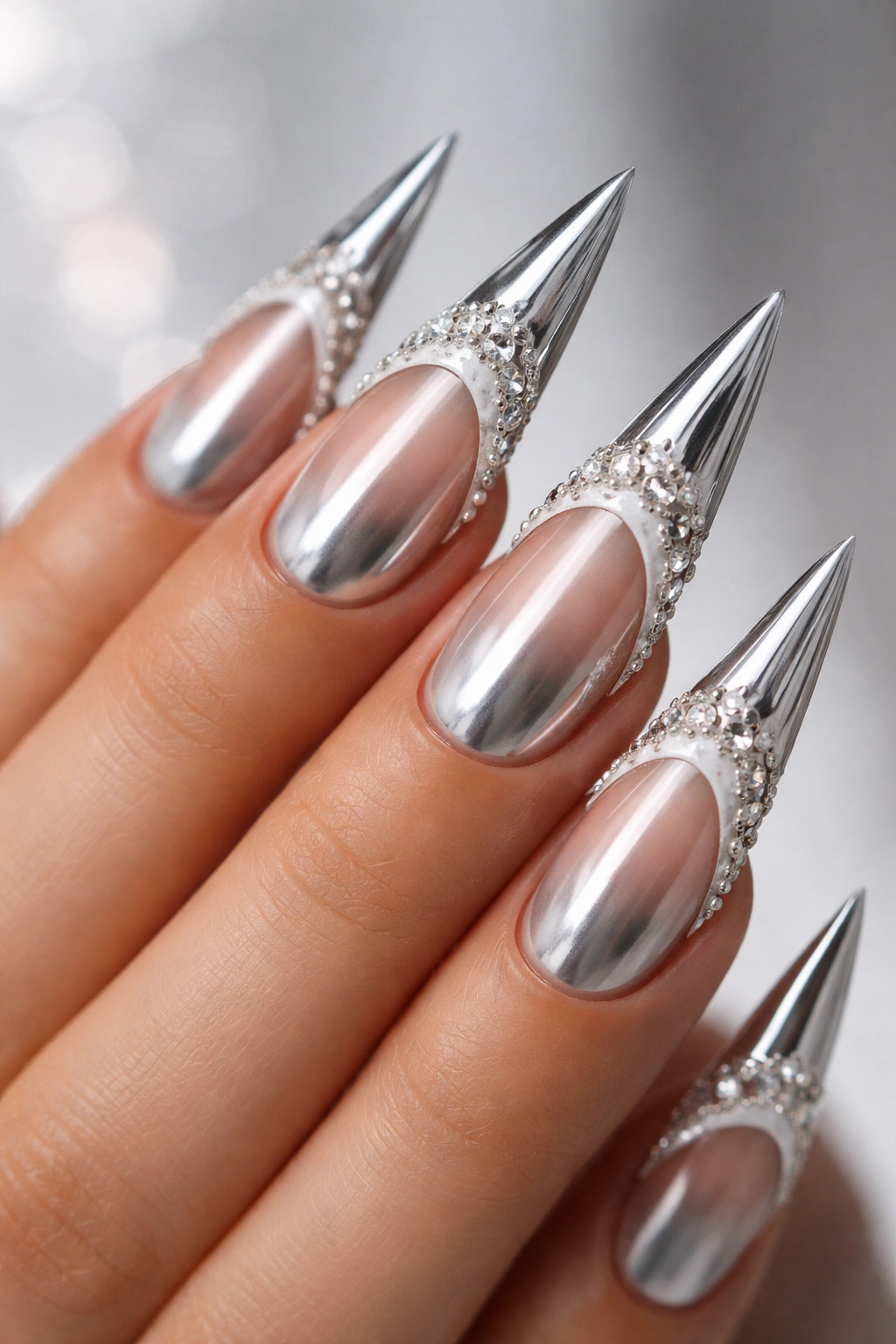 Nails with chrome base and 3D studs on white French tips in studio lighting