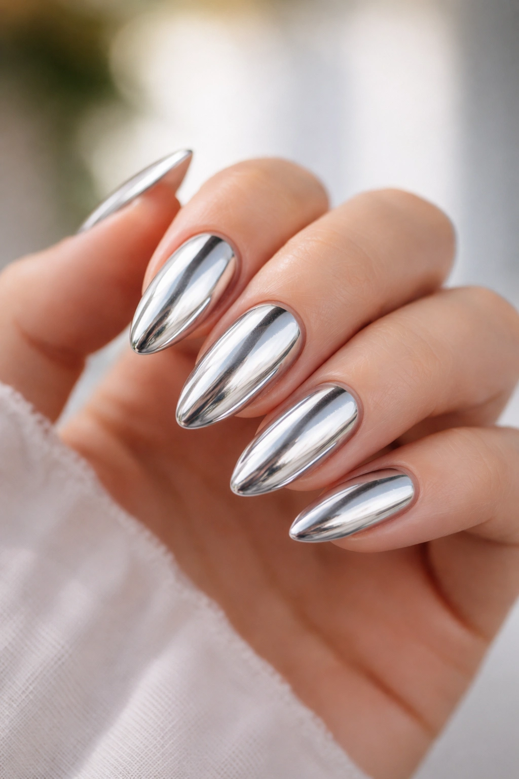Almond nails with chrome metallic finish
