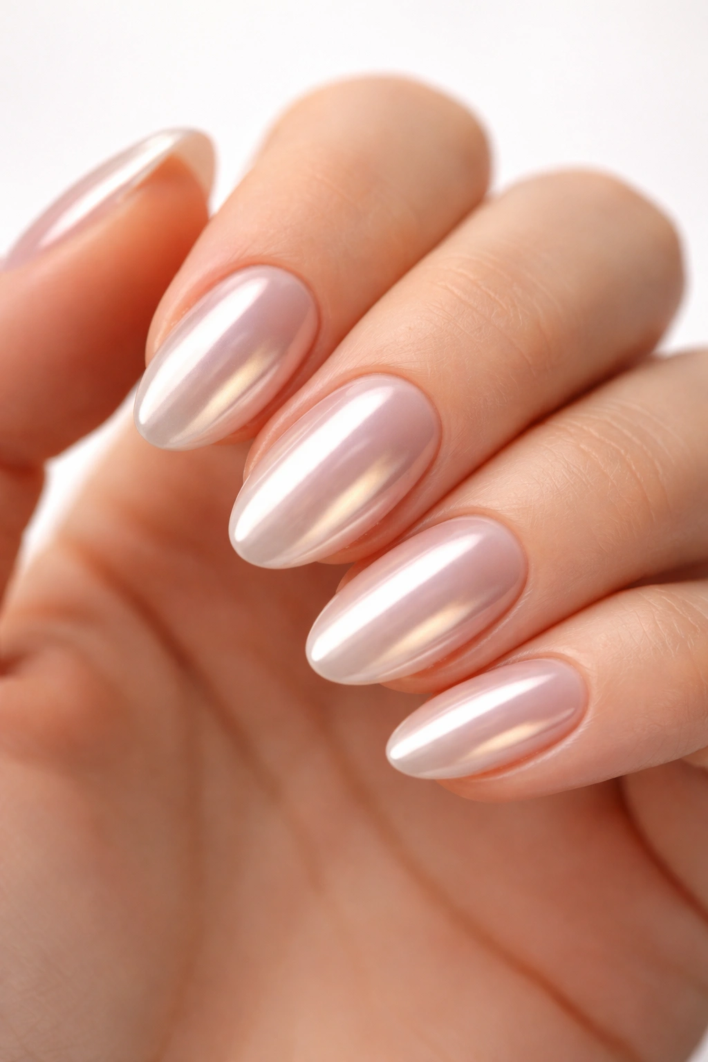 Short almond nails with chrome glazed finish and soft reflections