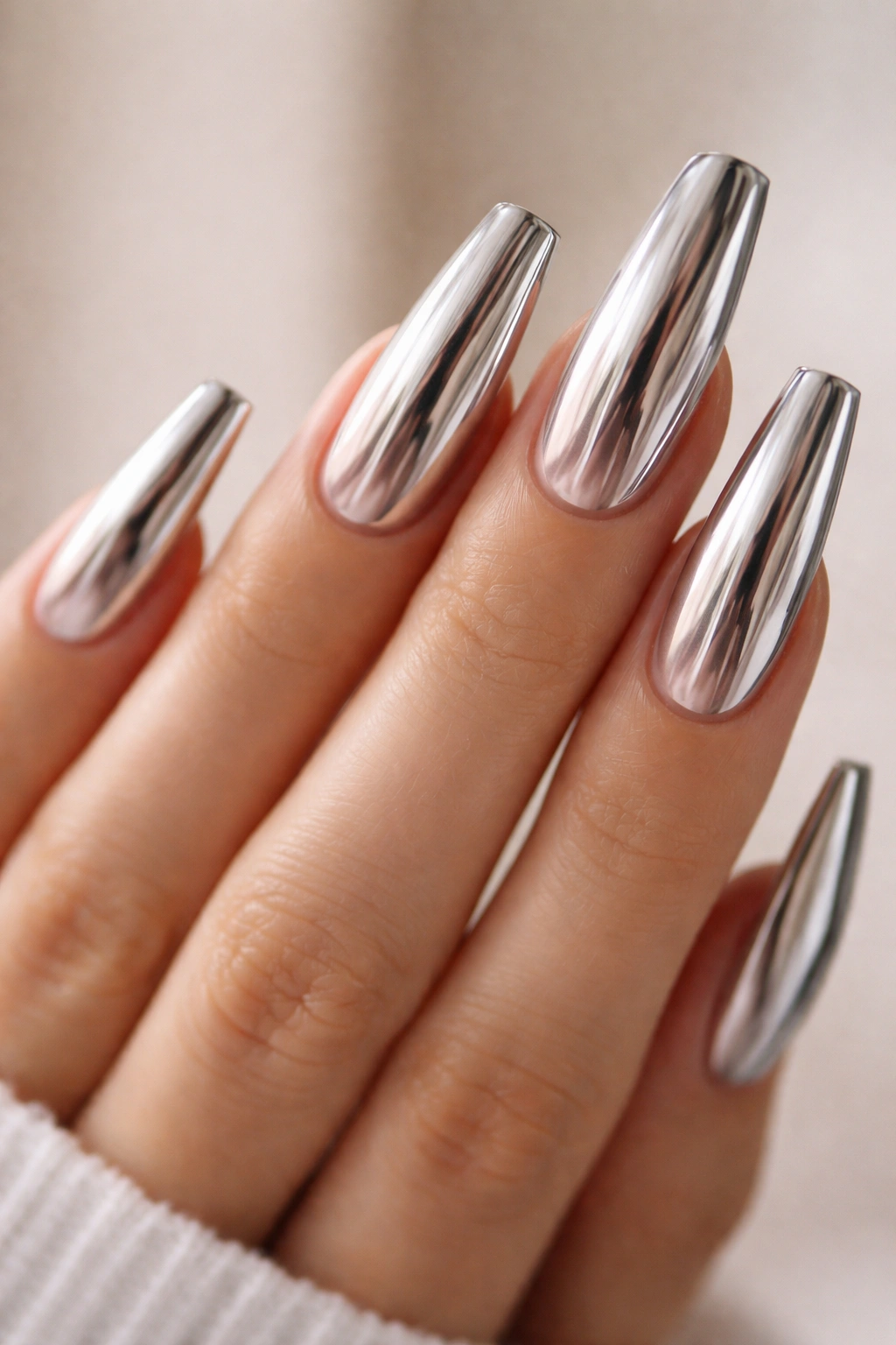 Close-up of chrome on long ballerina nails with reflective edges