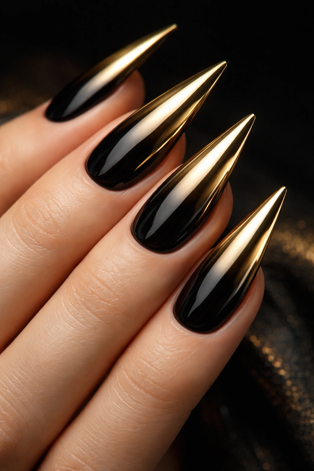 Close-up of black stiletto nails with chrome gold mirror finish.