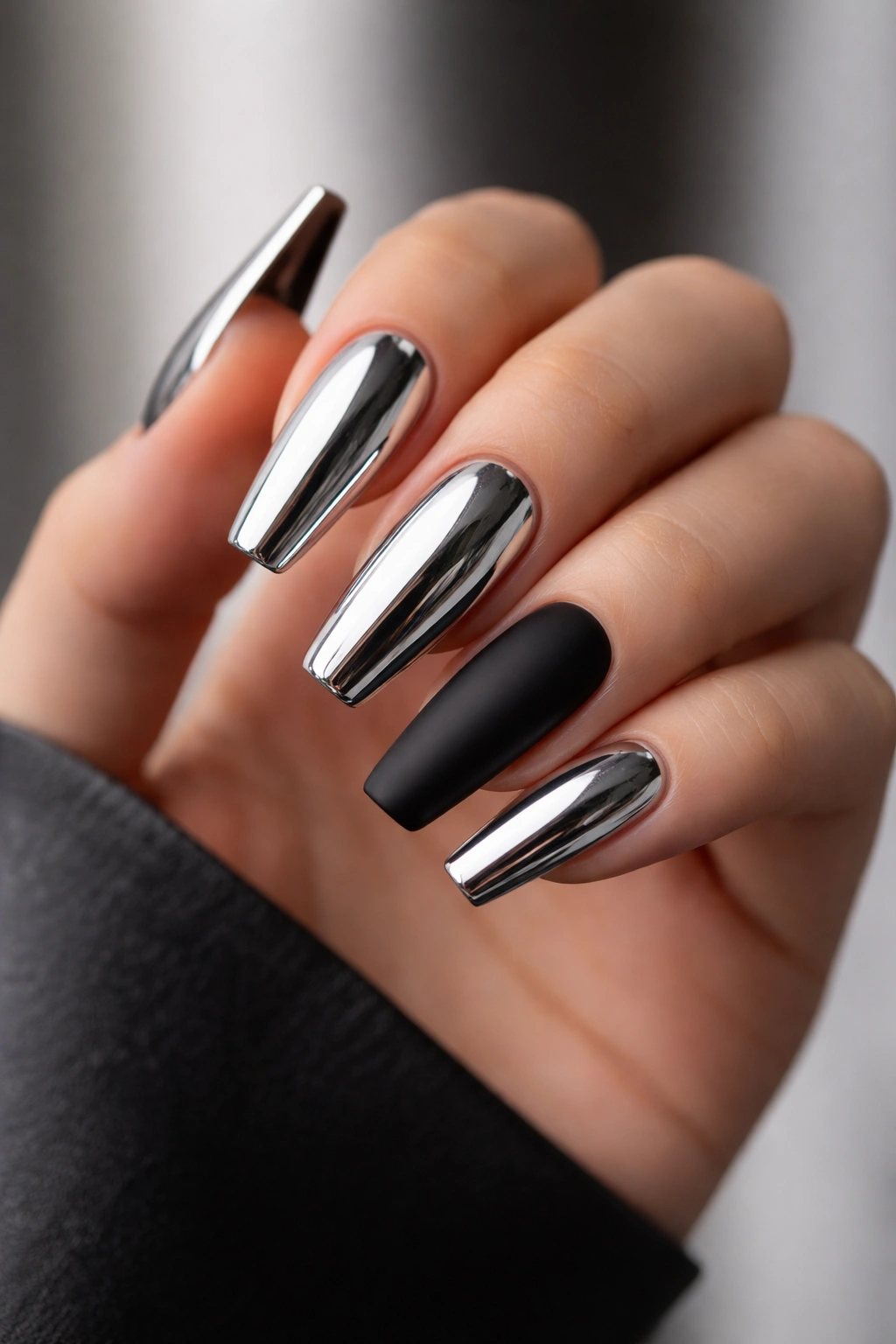 Coffin nails with chrome finish and black matte accent nails