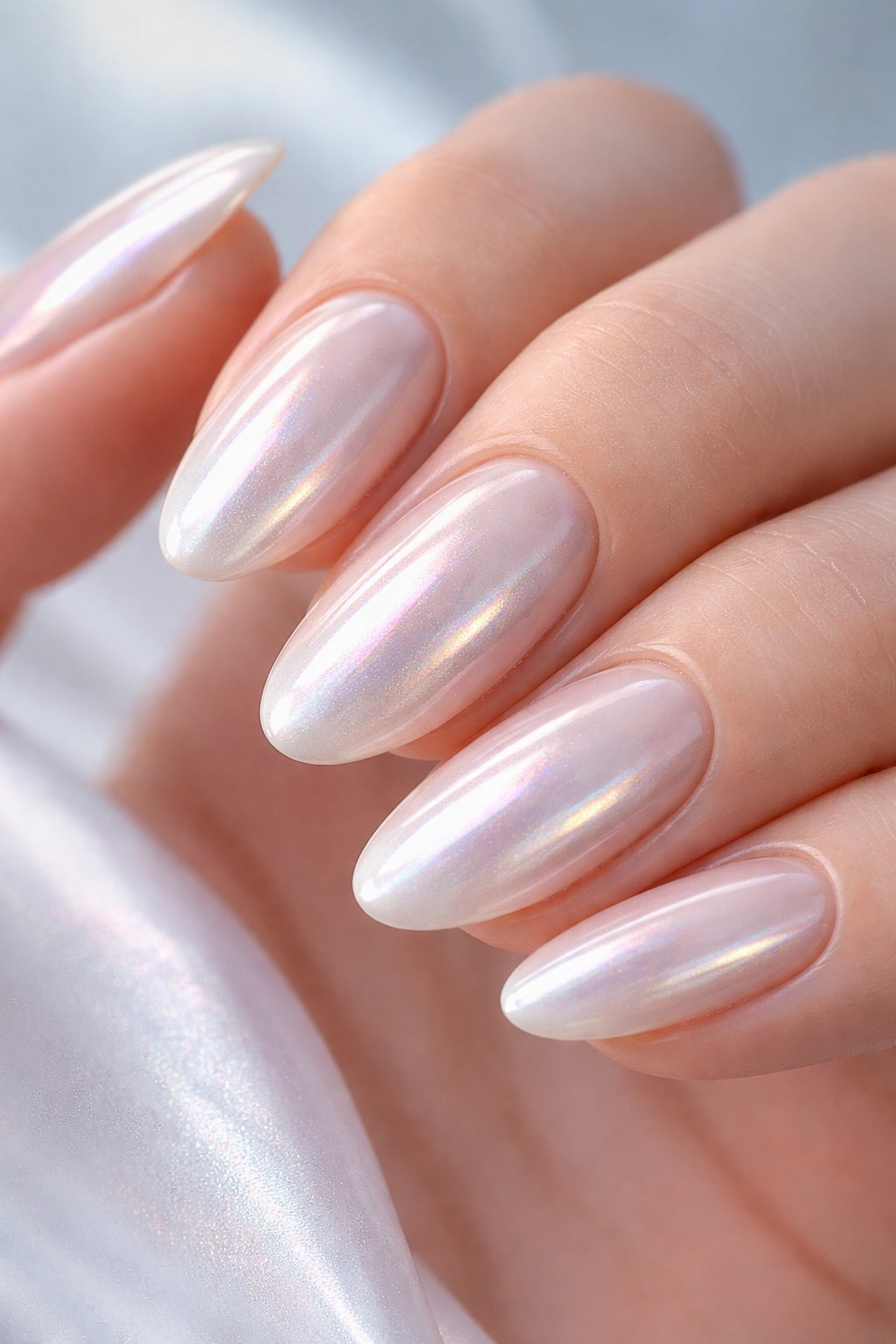Pearlescent chrome nails with nude base catching light