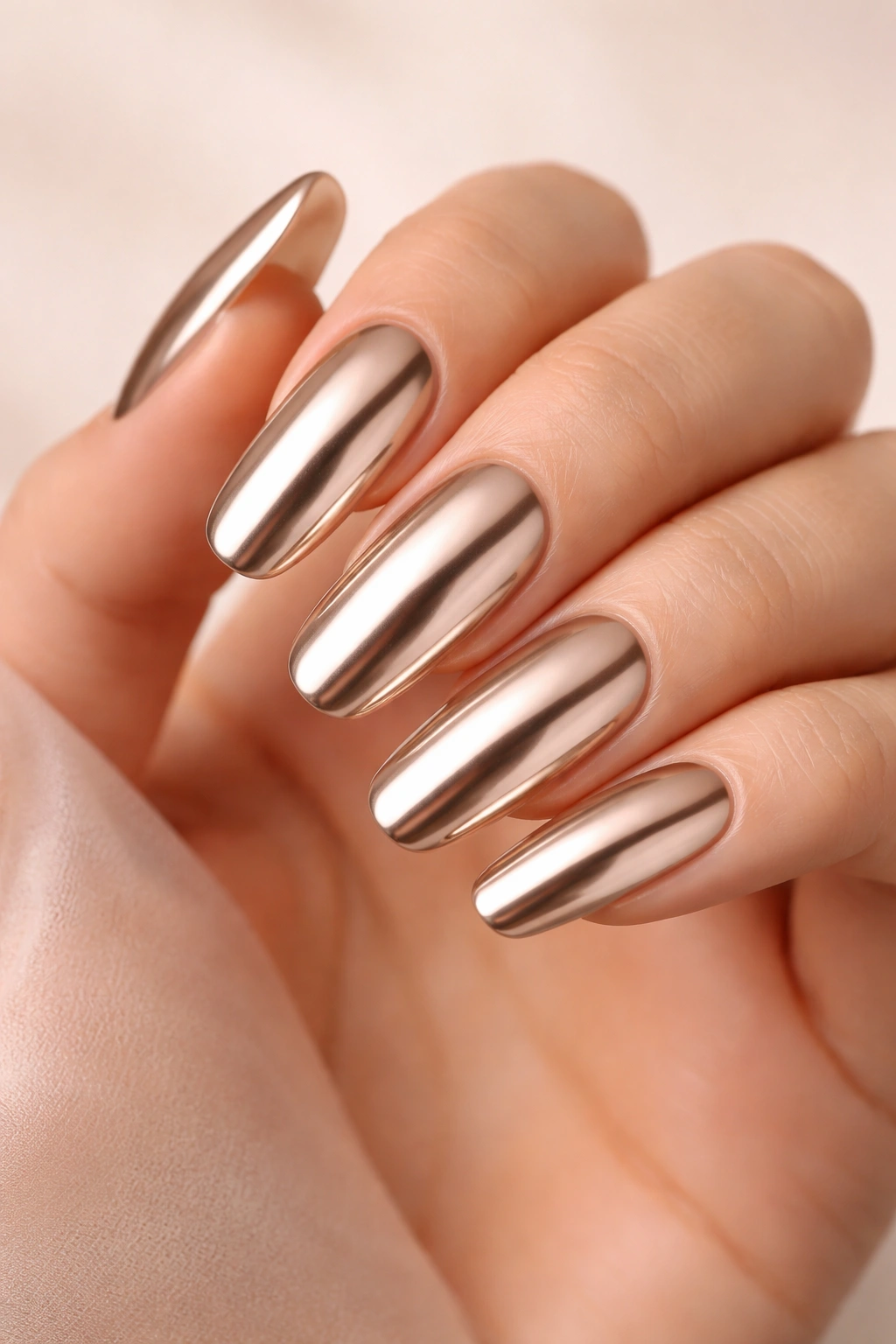 Champagne chrome nails with nude undertone on long rounds