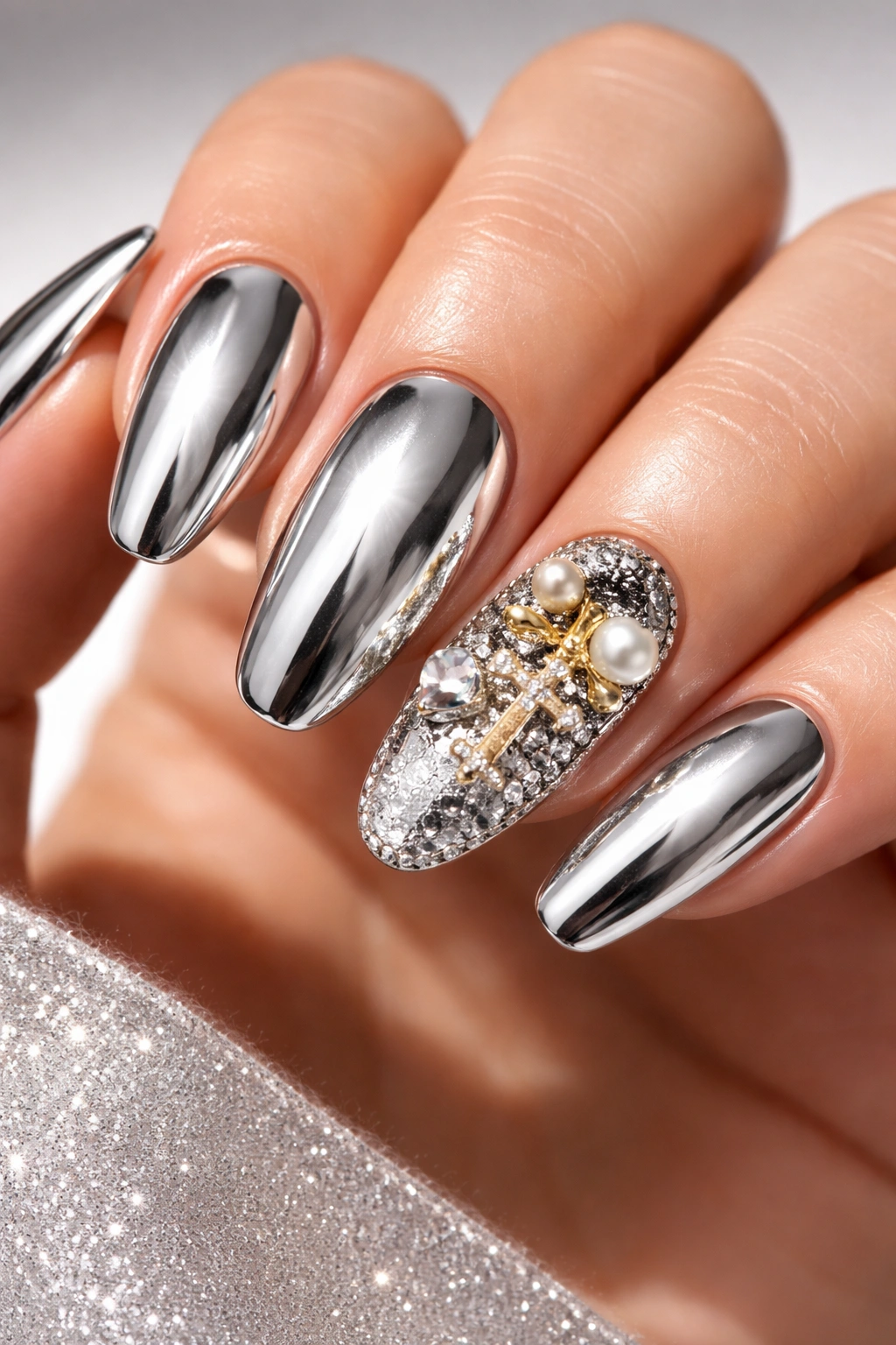 Close-up of chrome nails with contrasting charm colors on an accent nail