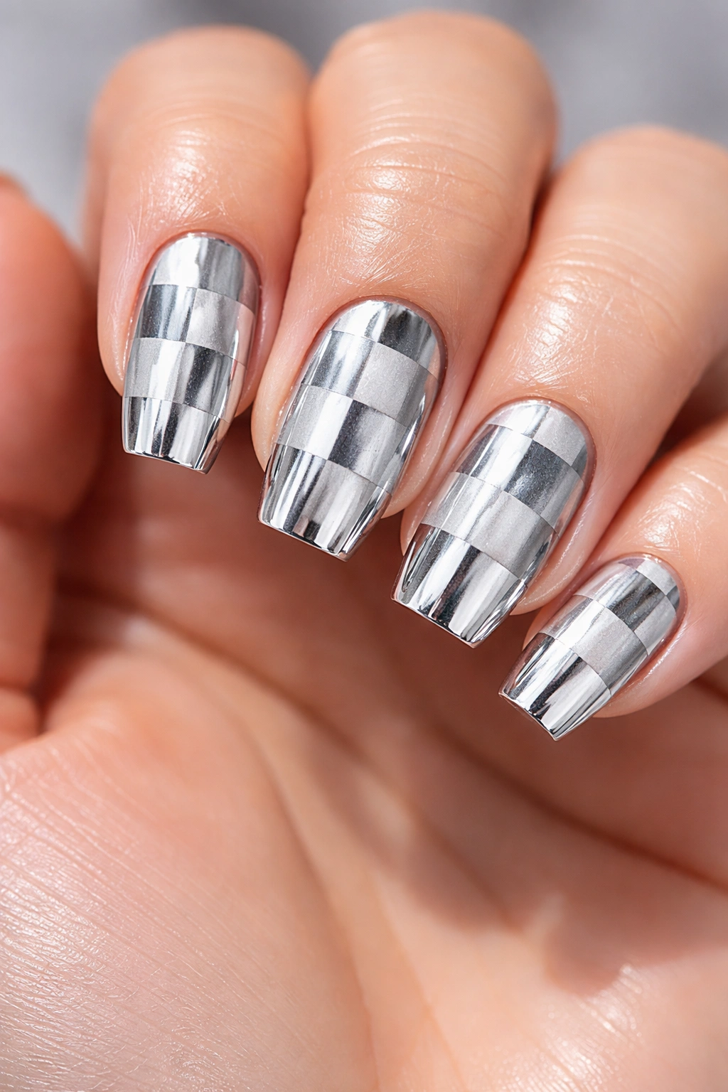 Close-up of hand with checkerboard chrome nails reflecting light