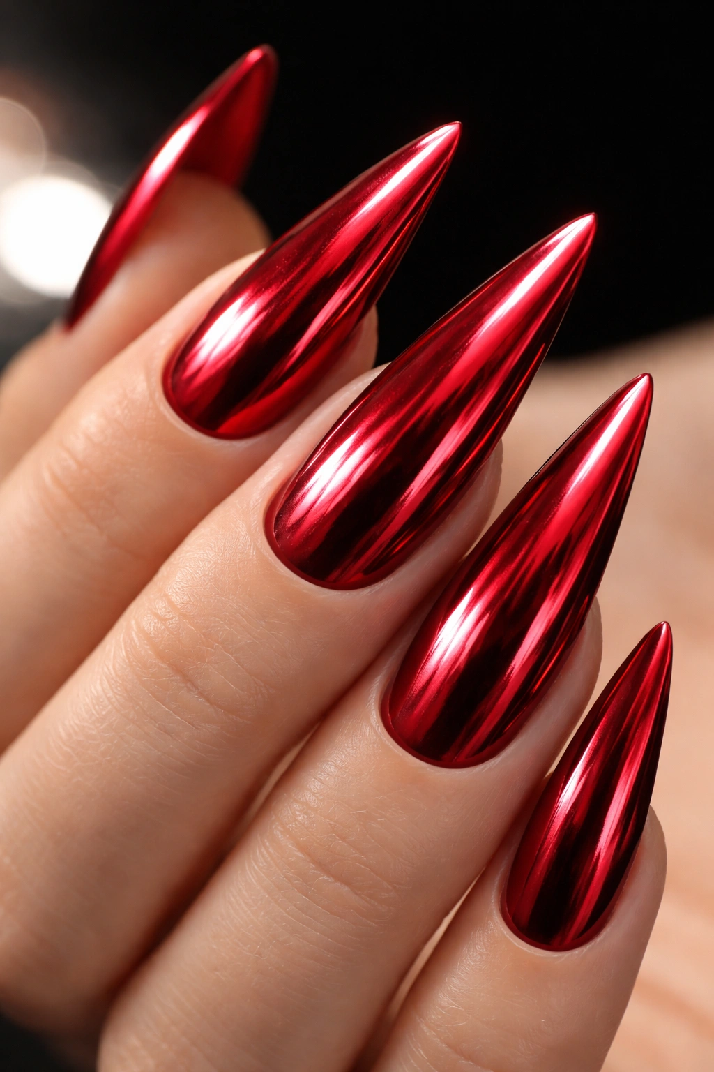 Close-up of cherry red stiletto nails with chrome metallic finish