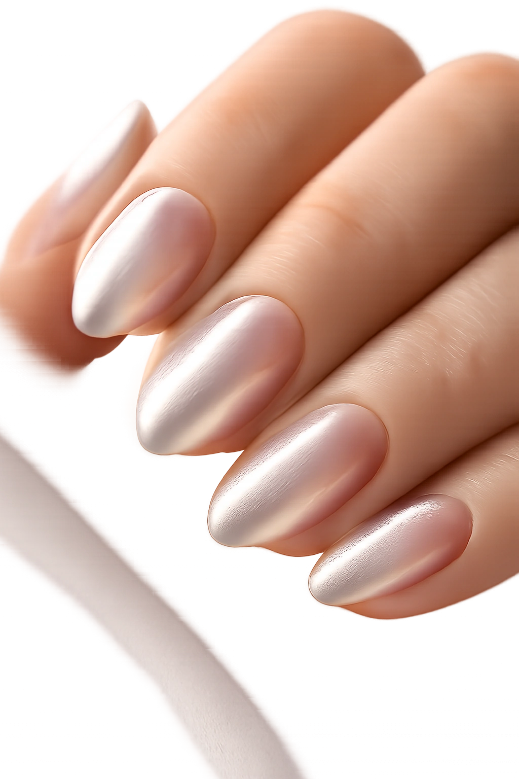 Close-up of ice queen chrome on a clear nude base on a short almond nail