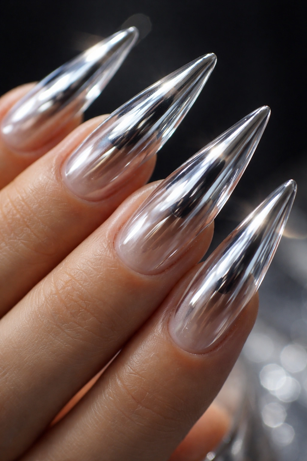 Close-up of clear stiletto nails with chrome powder creating liquid-metal reflections