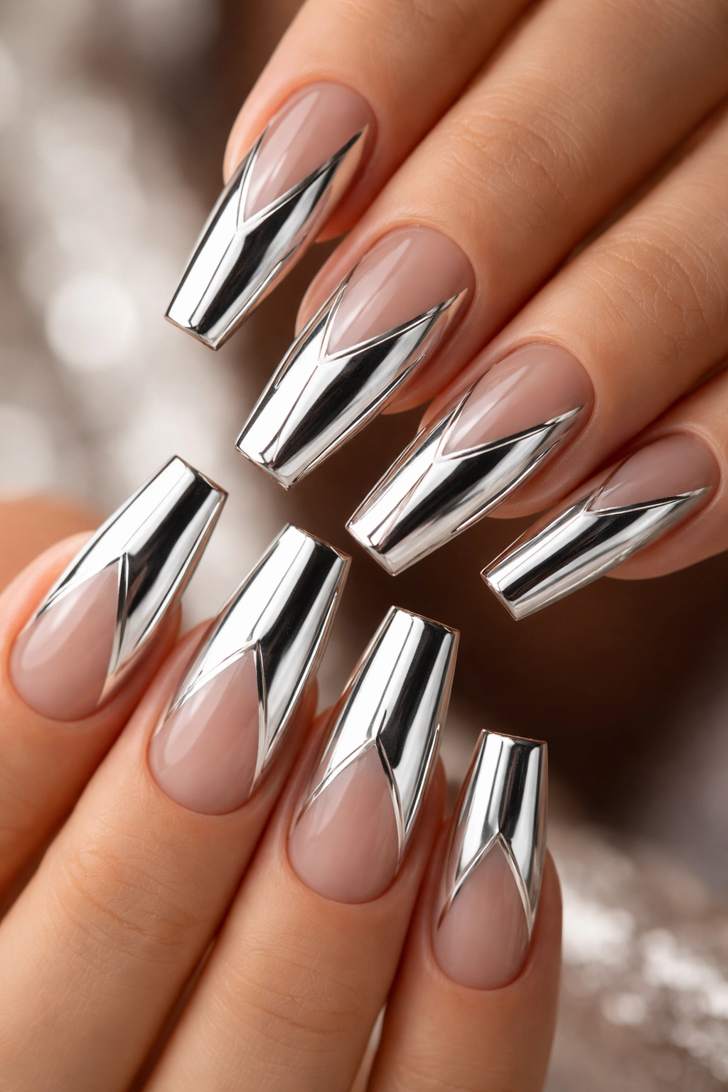 Coffin nails with chrome mirror finish and geometric lines