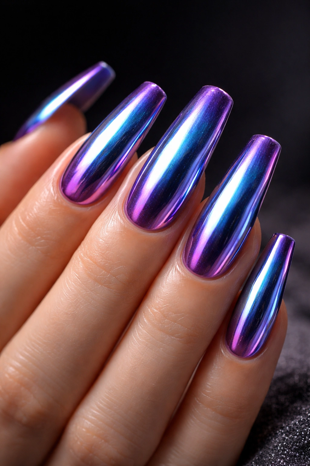 Chrome nails with blue-to-purple color-shift reflections