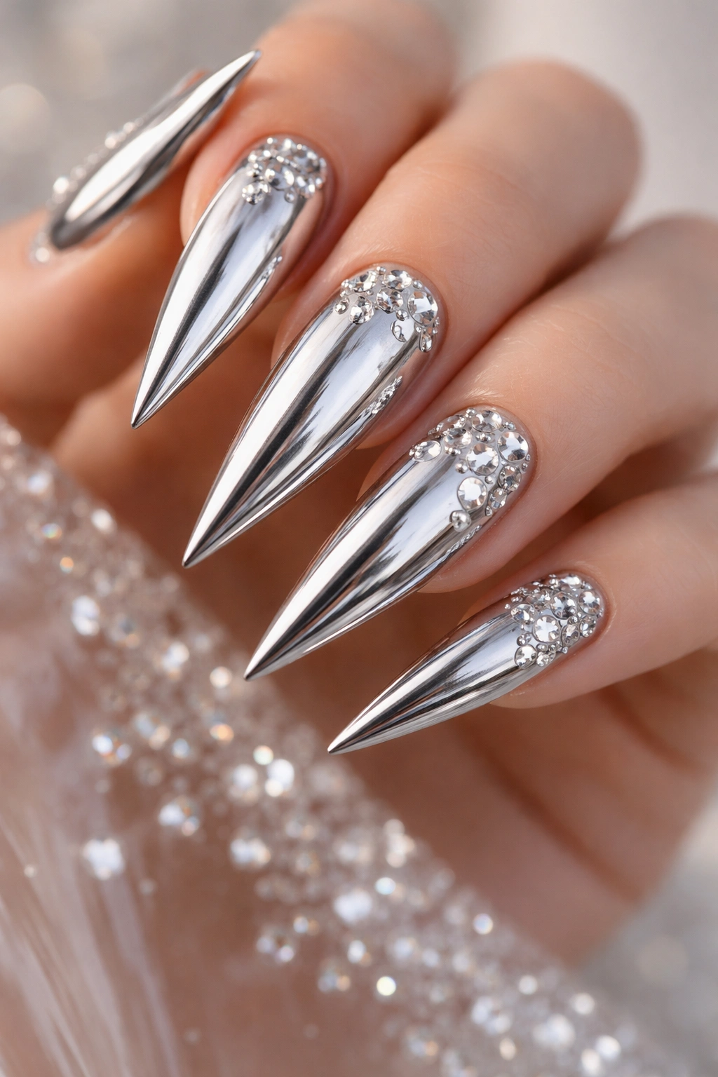 Close-up of full chrome nails with scattered diamond gems on a neutral background