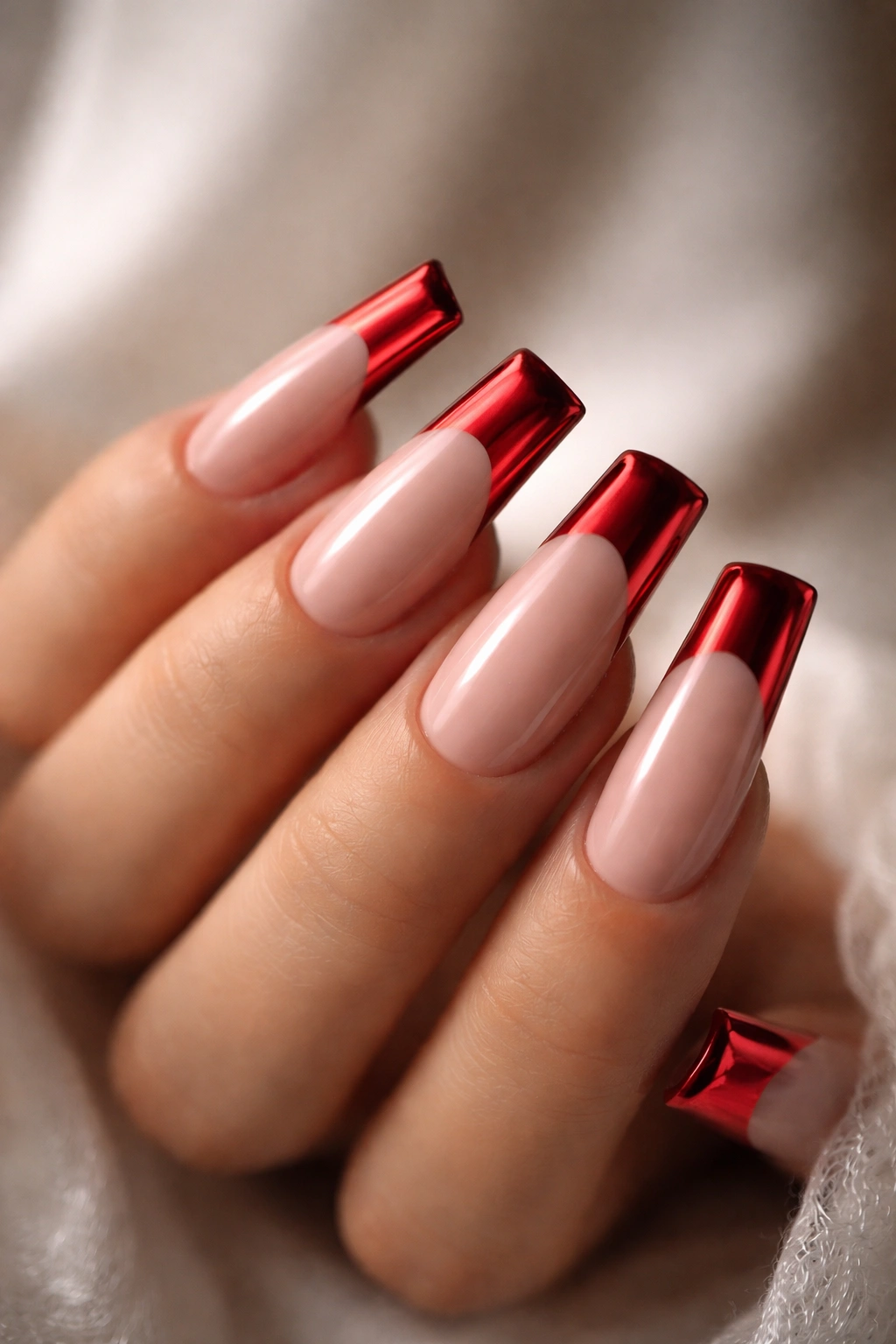 Close-up of duck nails with chrome red tips on nude base, ultra-detailed