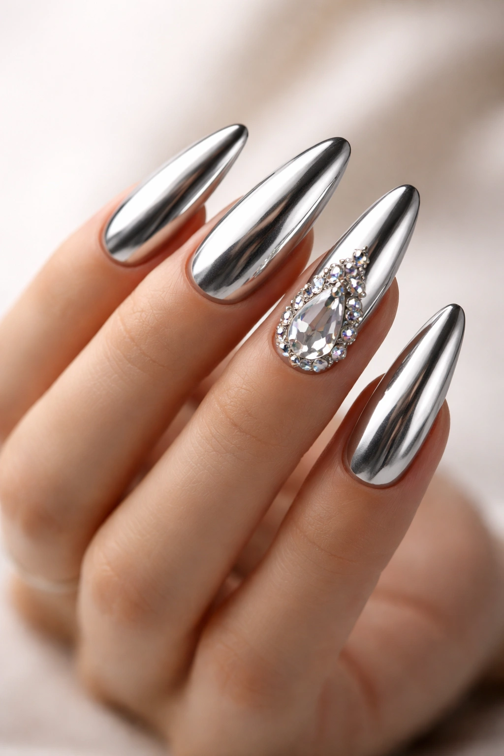 Close-up of extra long oval nails with chrome finish and gemstones on a hand