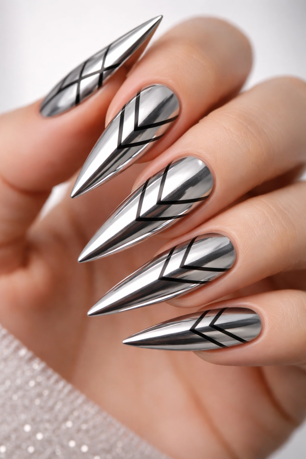 Close-up of chrome stiletto nails with black geometric lines