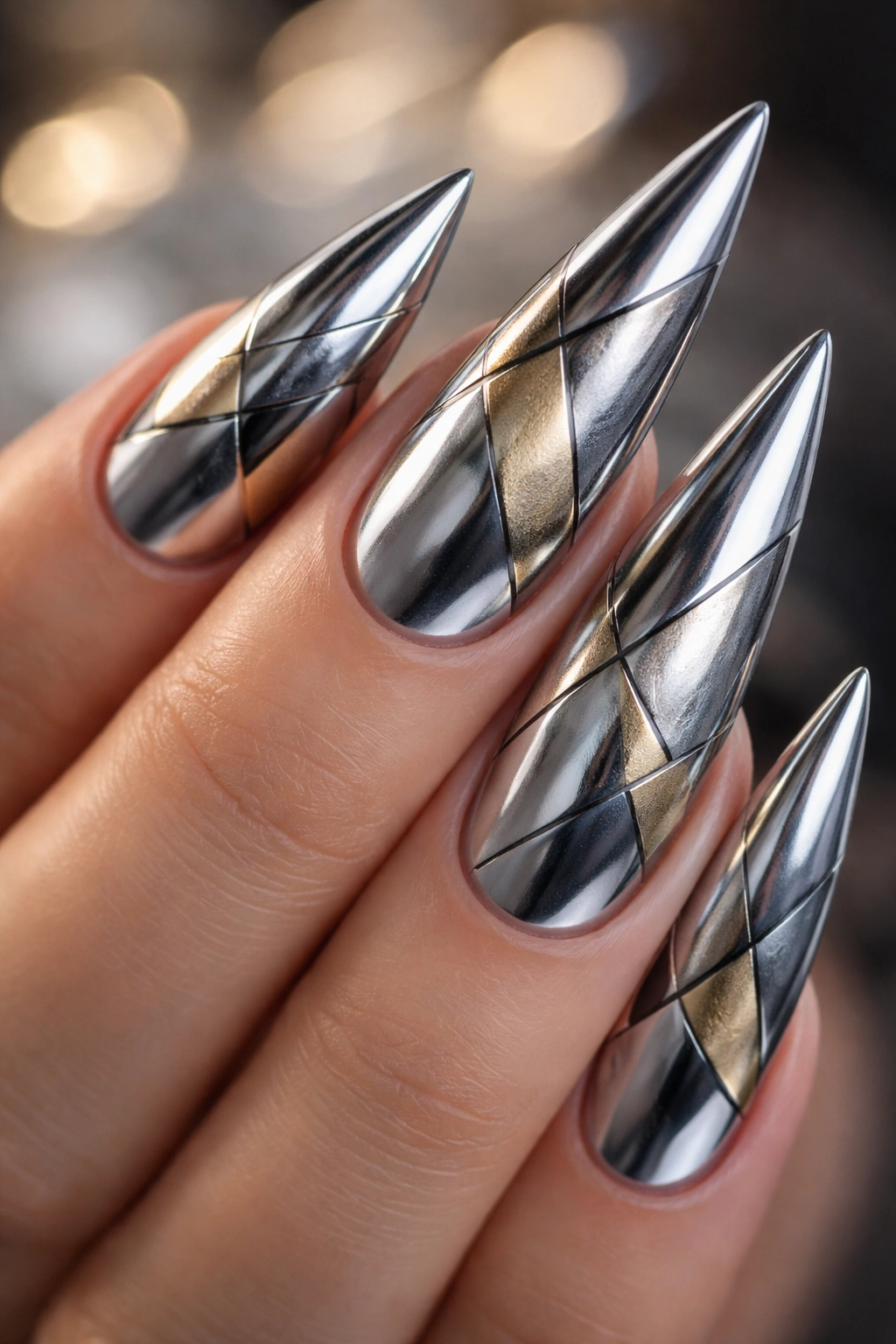 Stiletto nail with chrome finish and geometric overlay