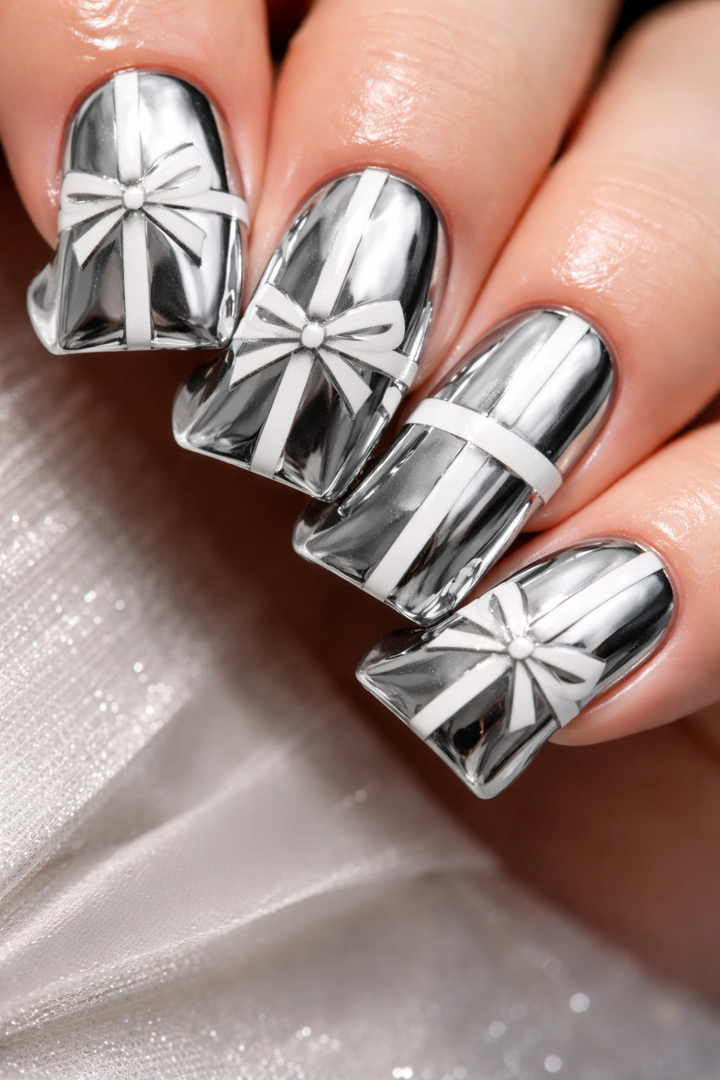 Close-up of chrome silver duck nails with geometric line pattern