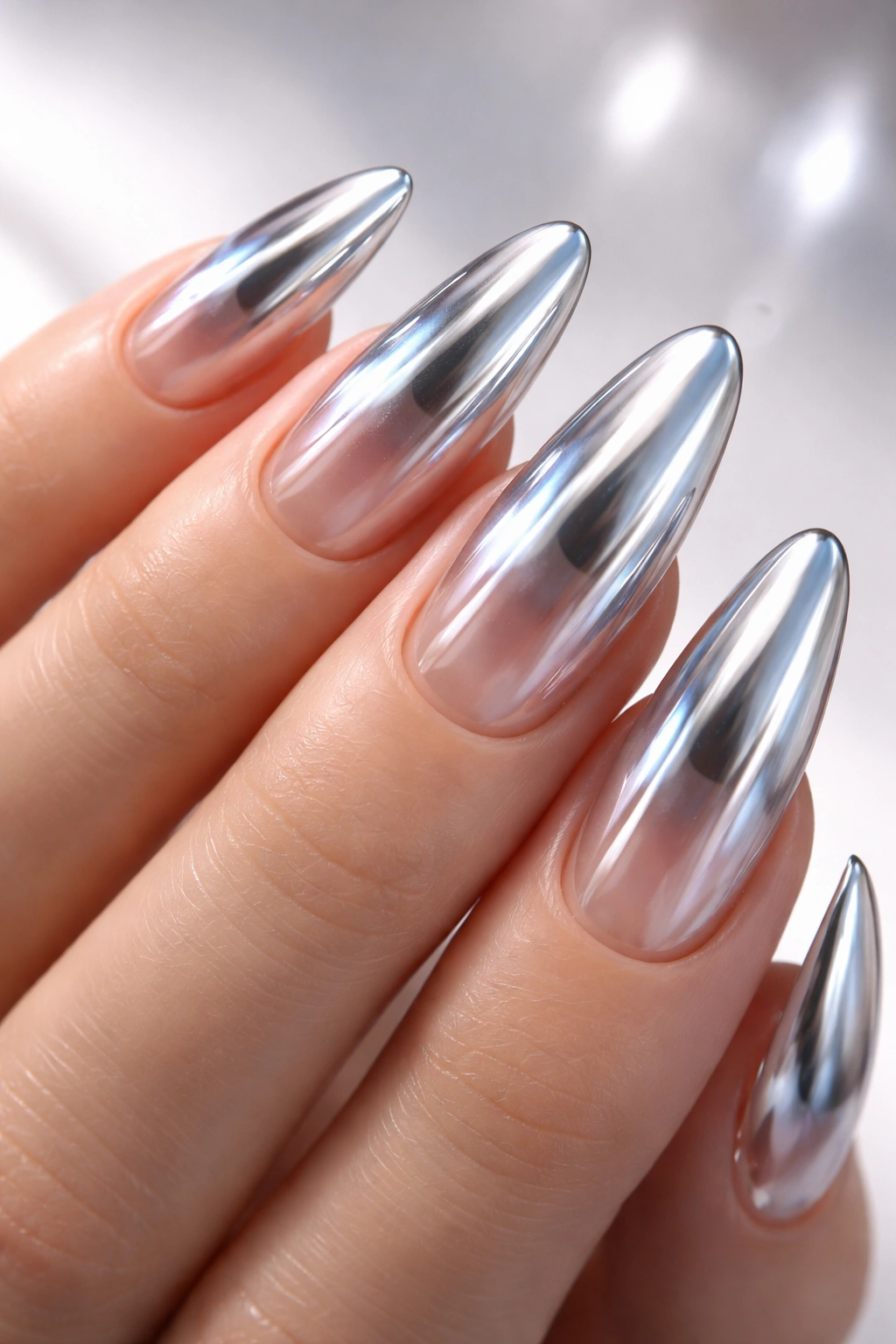 Close-up of long oval nails with chrome and glass effect, metallic mirror finish