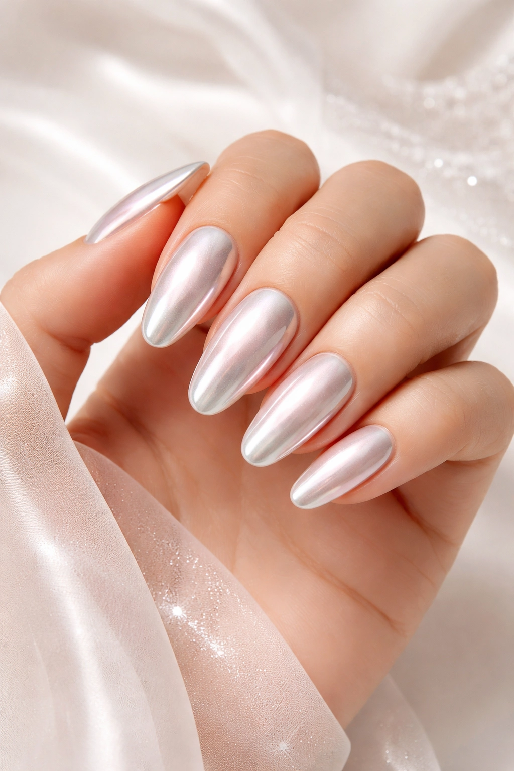 Close-up of chrome and glazed nails with pearlescent finish for bridal photos