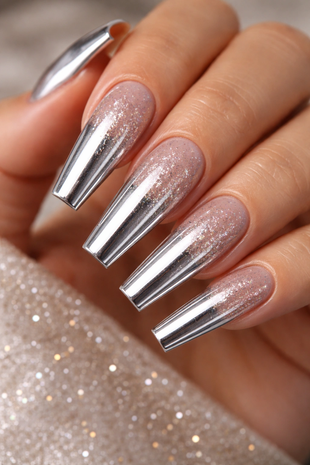 Coffin nails with chrome finish and embedded glitter on nude base