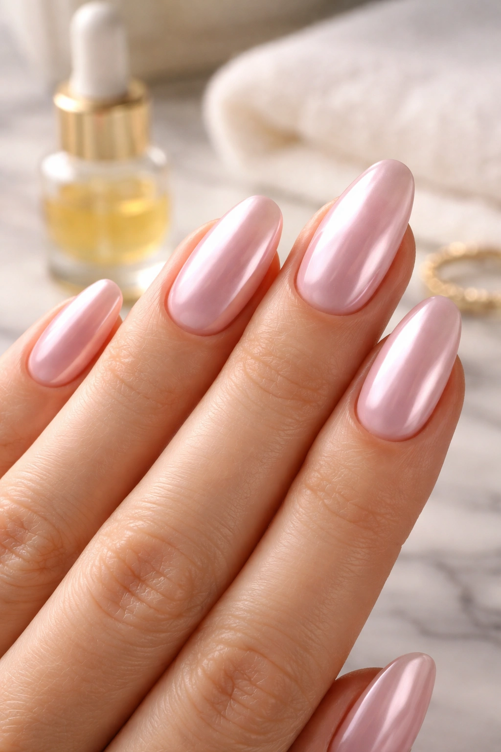 Close-up of glossy chrome nails with smooth reflective surface