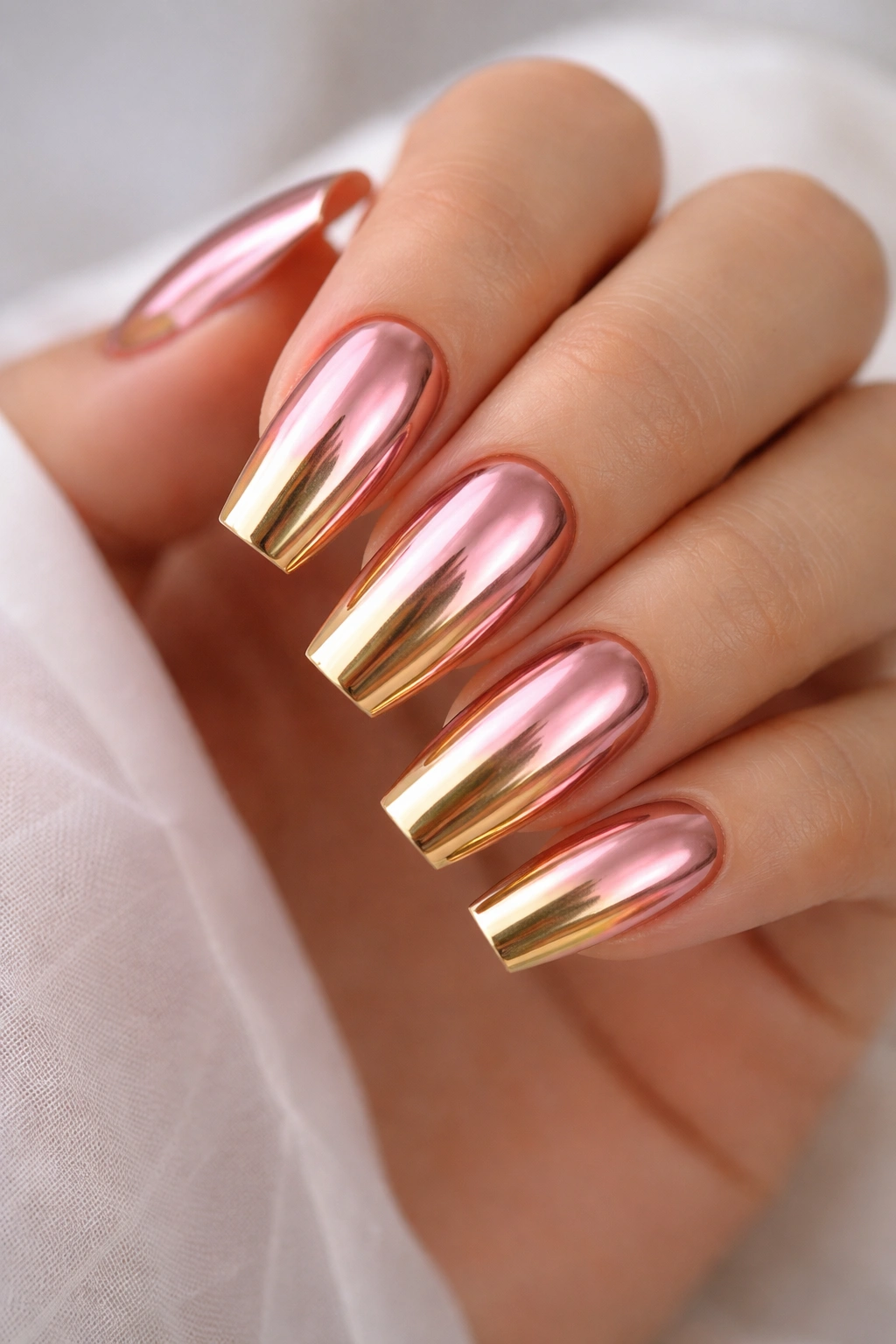 Coffin nails with chrome gradient mirror finish reflecting light