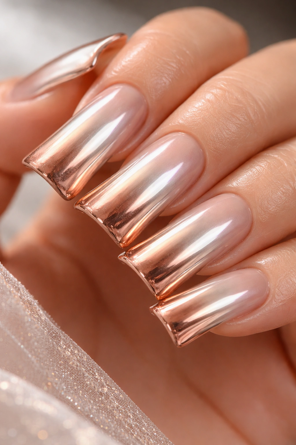 Duck nails with a shimmering chrome gradient from silver to copper.