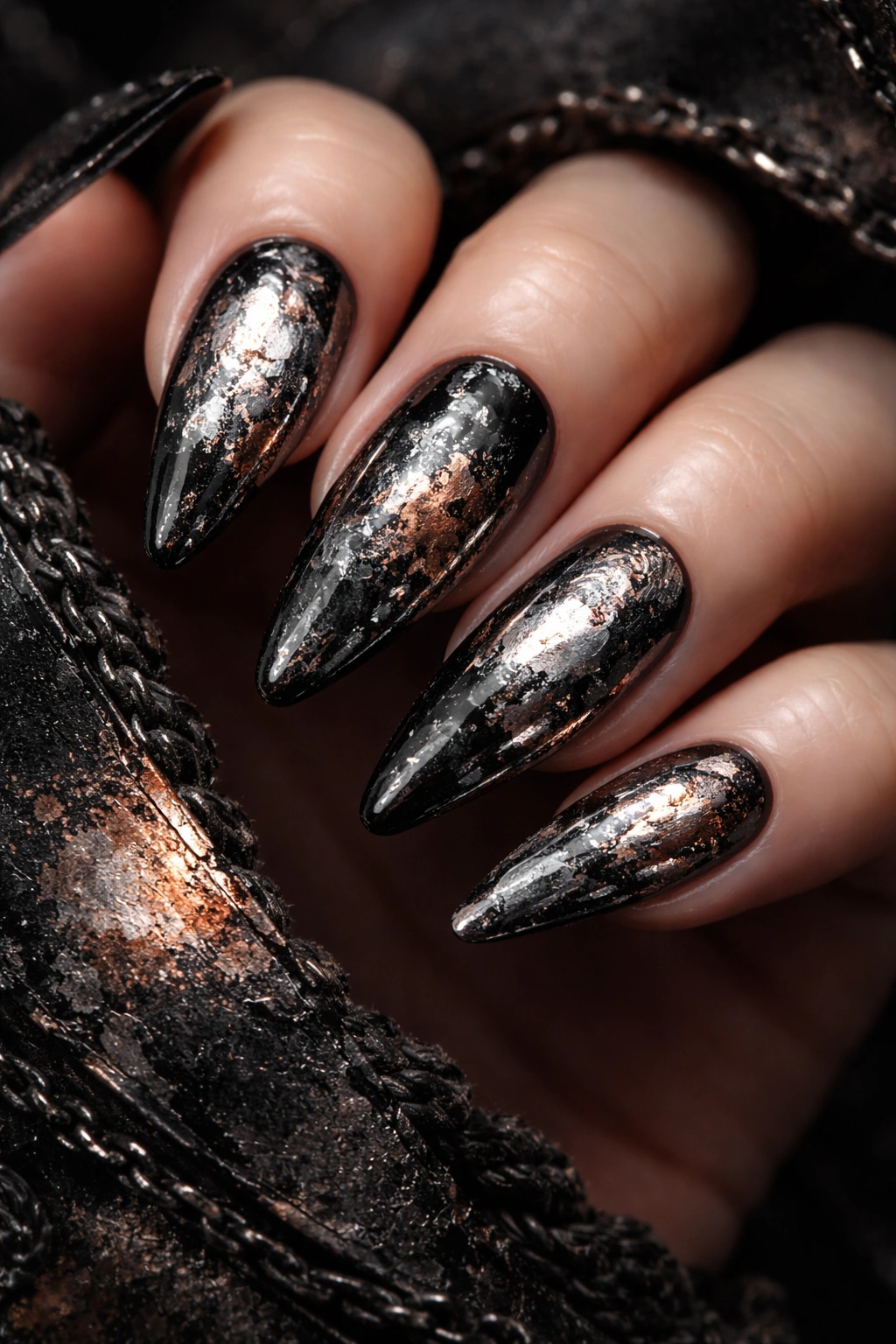 Nails with blackened chrome and distressed metallic patches
