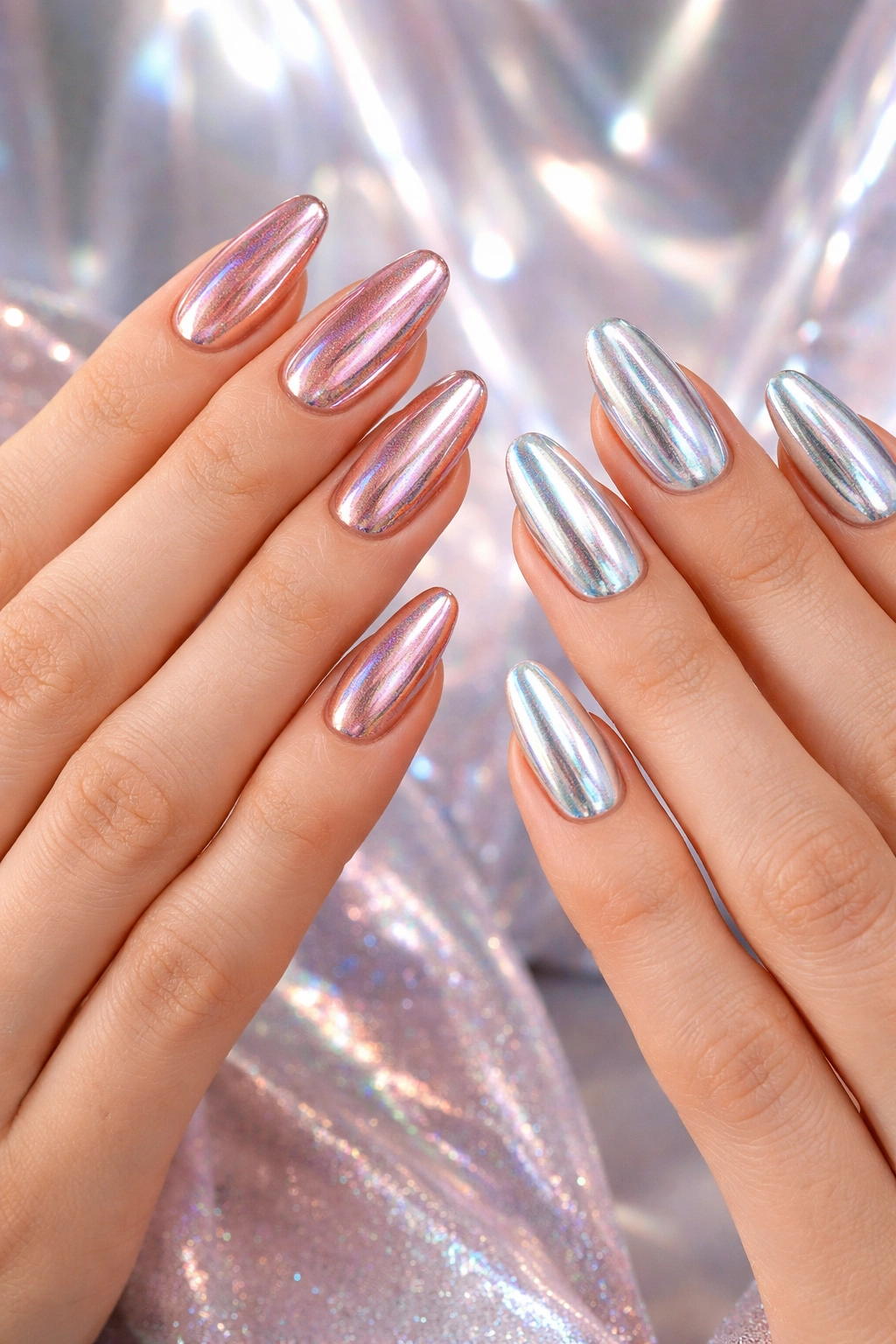 Two hands with holographic chrome gel nails reflecting light