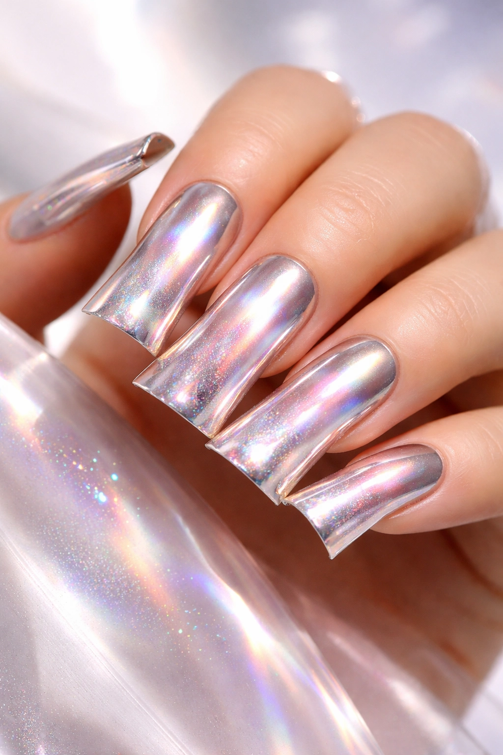 Close-up chrome nail finish reflecting light with holographic shimmer