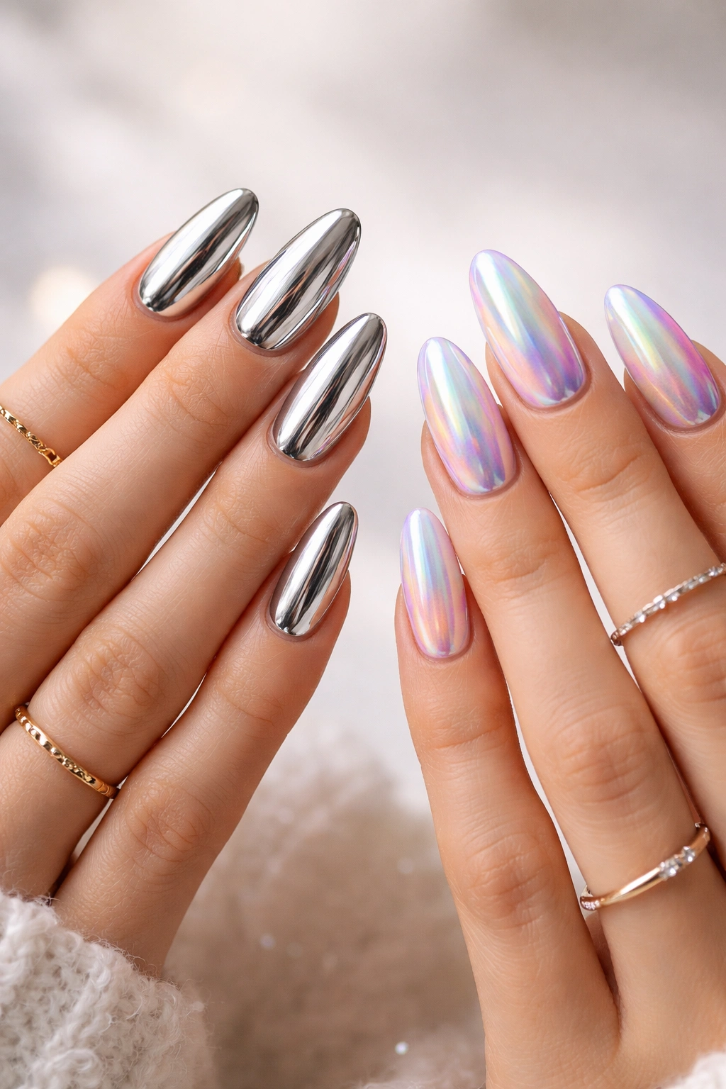 Hands showing chrome mirror nails and holographic rainbow nails