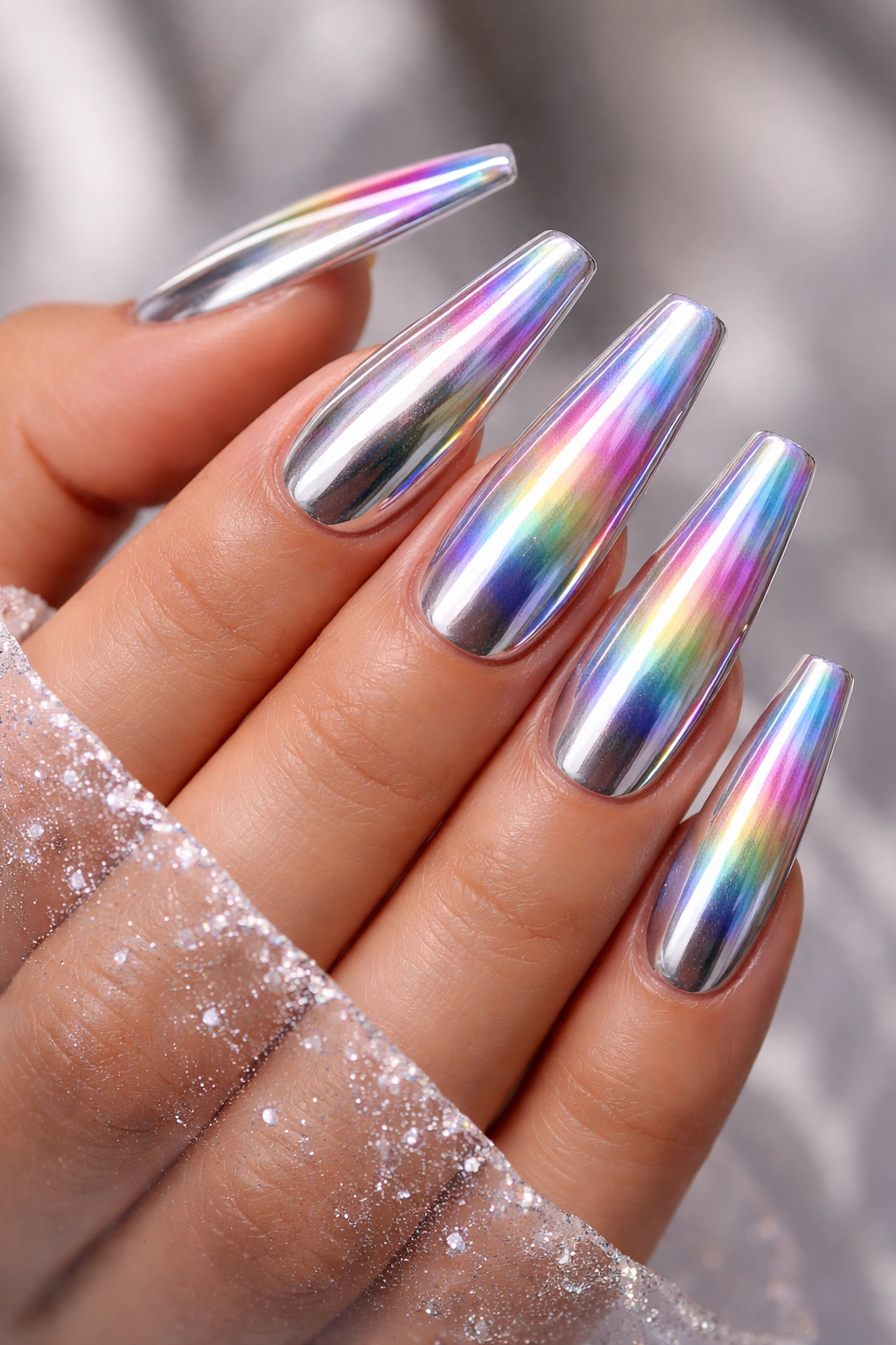 Coffin nails with chrome to holographic ombre gradient.