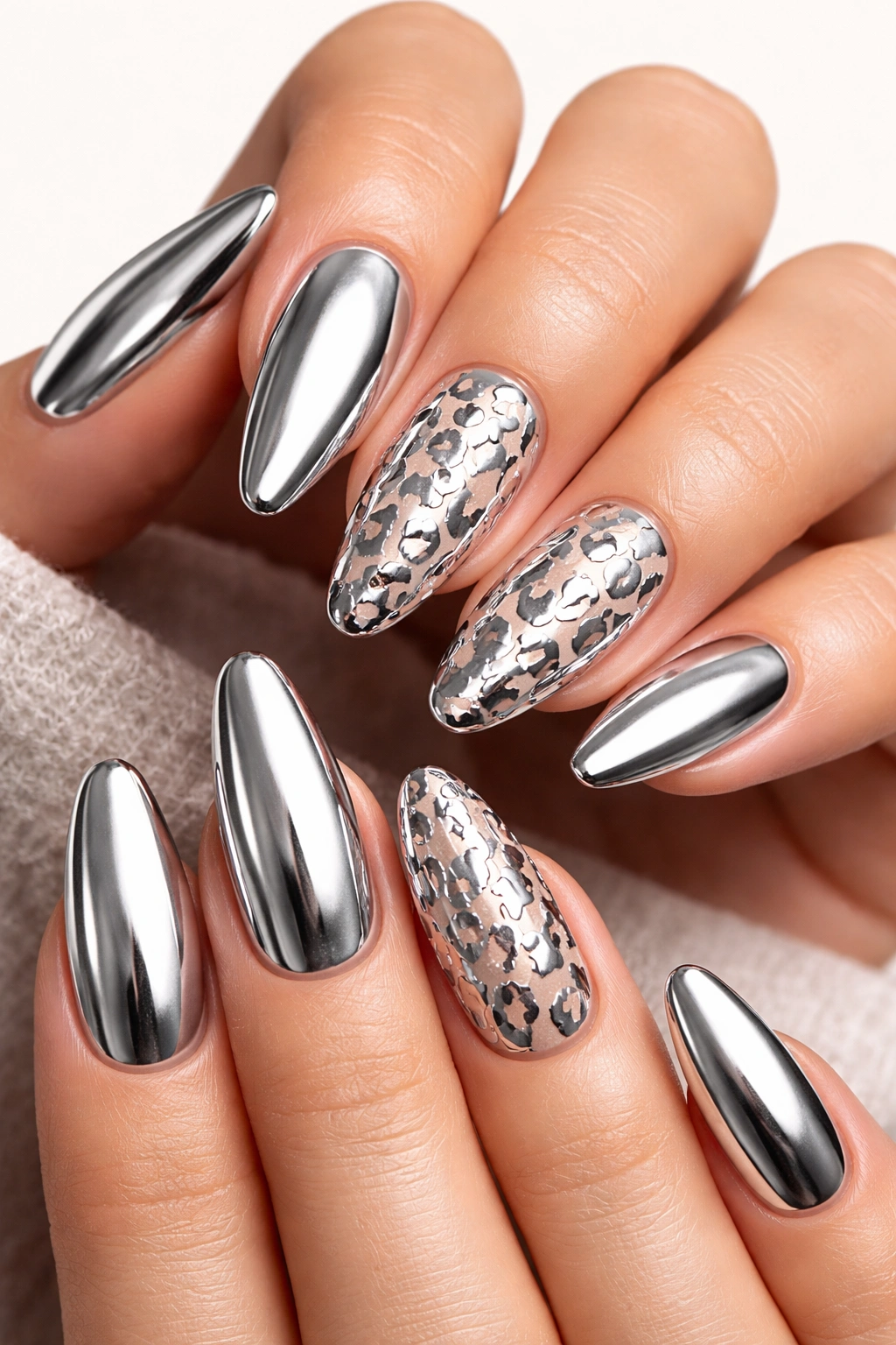 Close-up of nails with silver leopard print on nude base