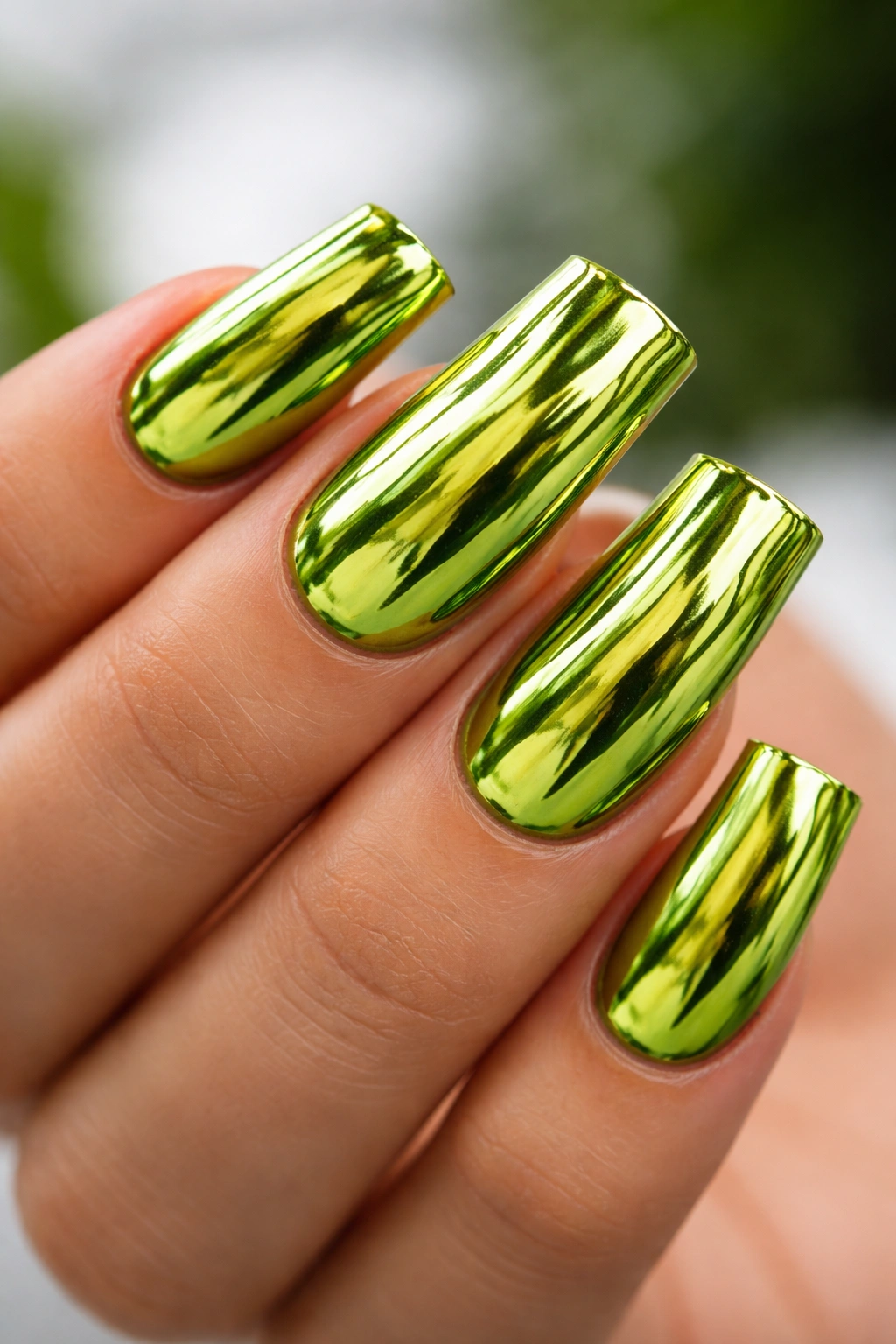 Lime green duck nails with chrome mirror finish reflecting surroundings