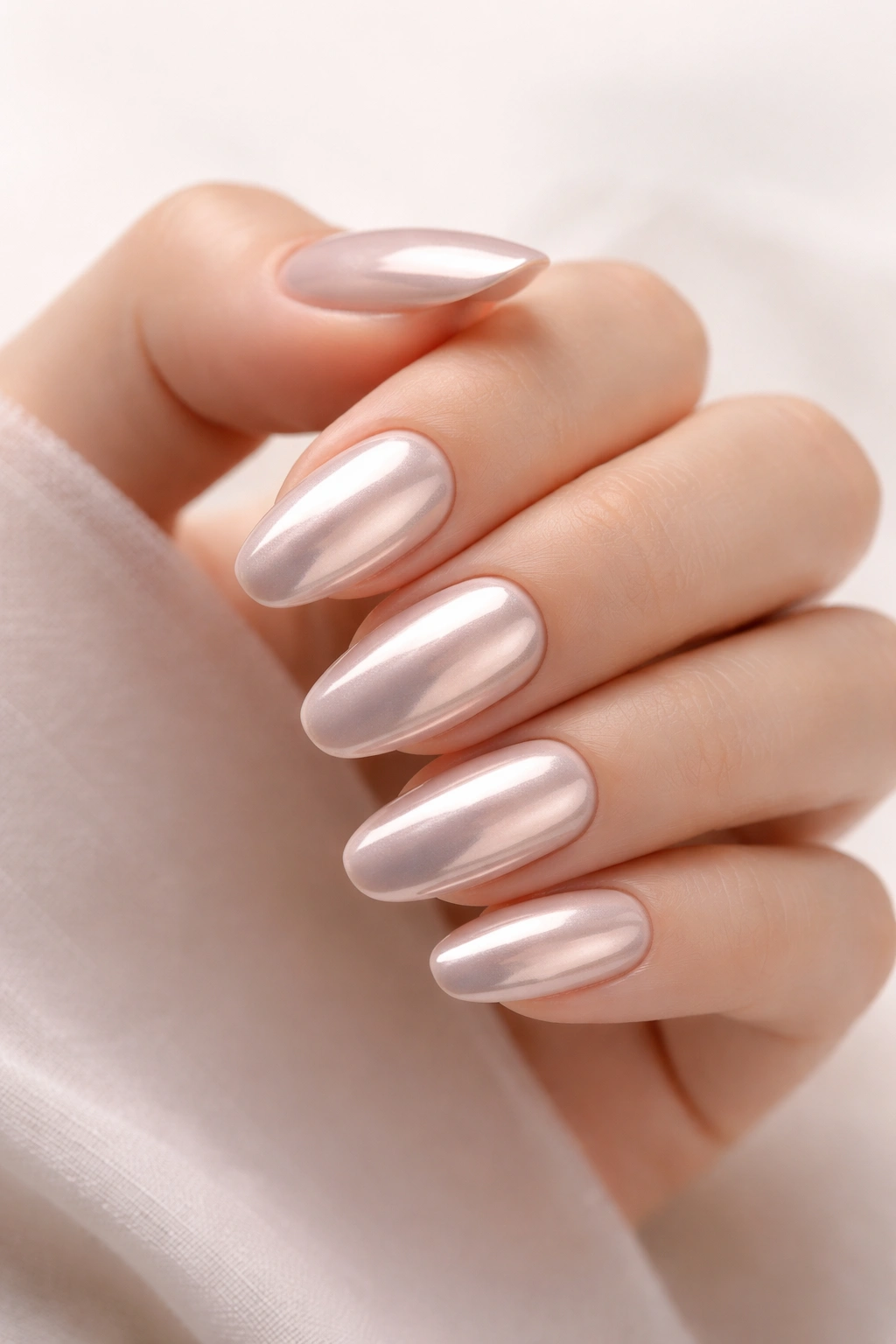 Close-up of glossy nude chrome nails on a hand with a neutral background