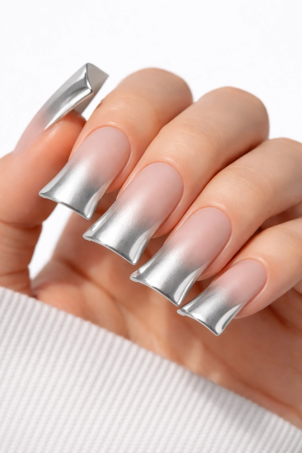 Close-up of chrome silver duck nails with matte finish