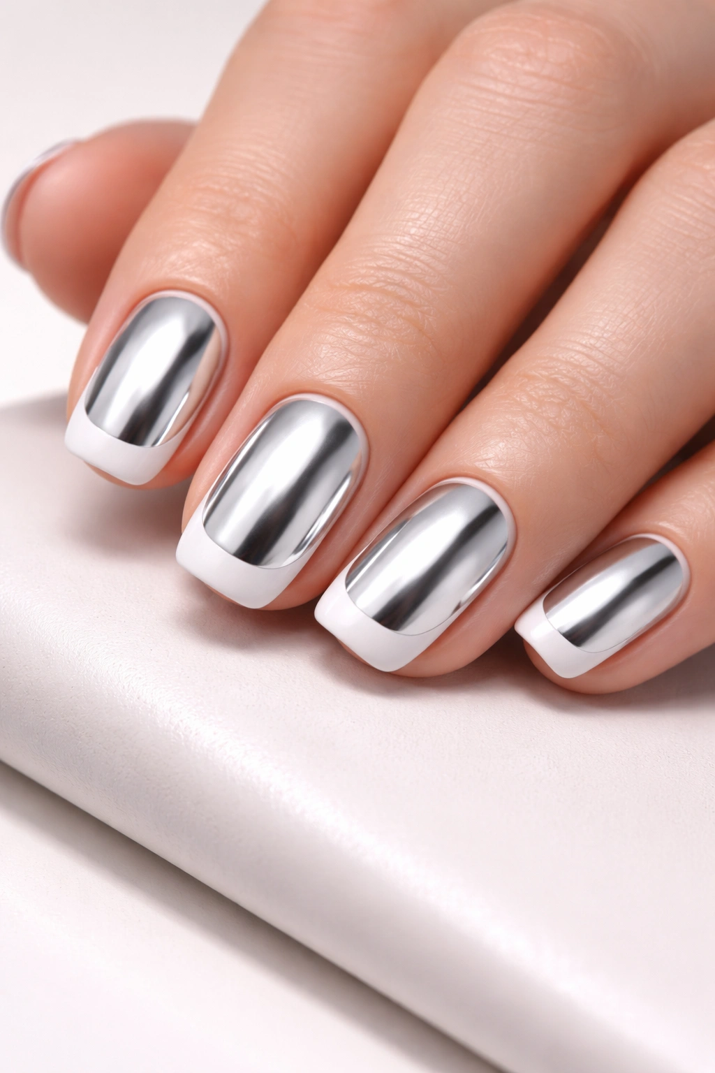 Close-up of short squoval nails with chrome center and matte edges
