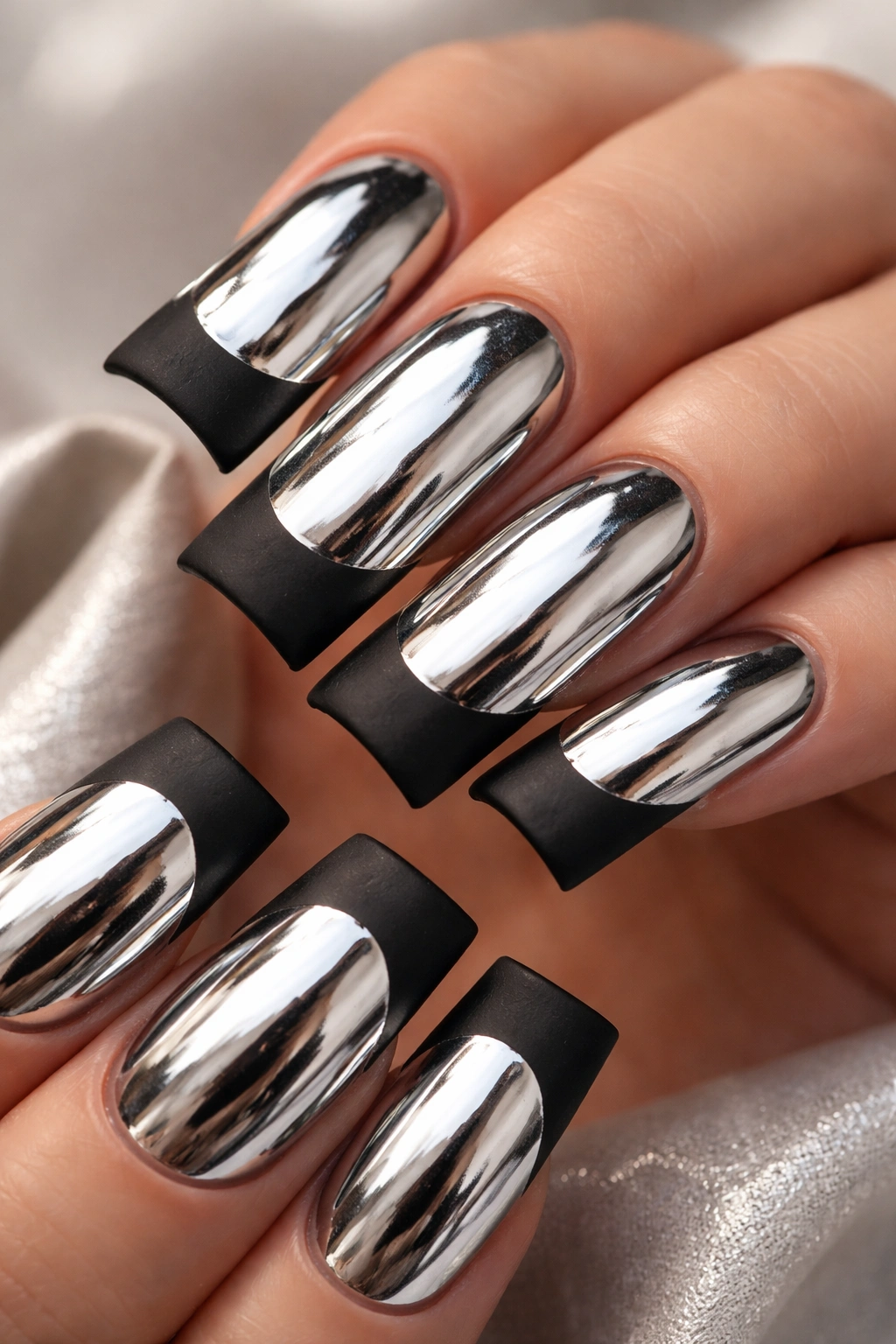 Close-up of chrome nails with matte black tips showing high contrast