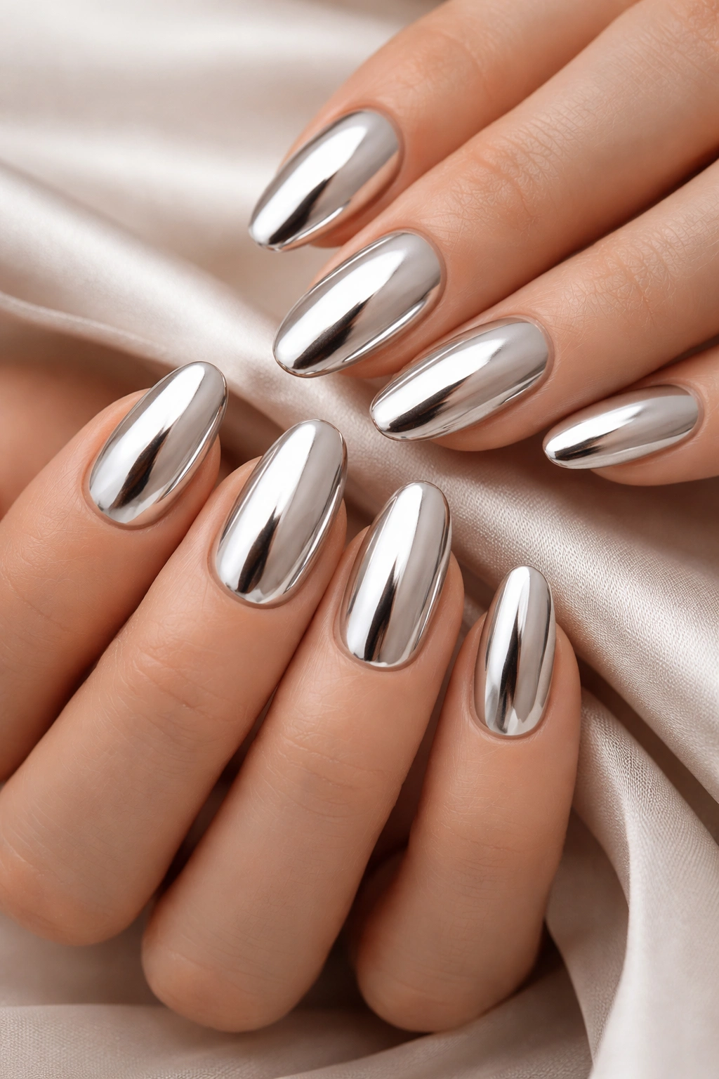 Silver chrome nails reflecting light on a pale base