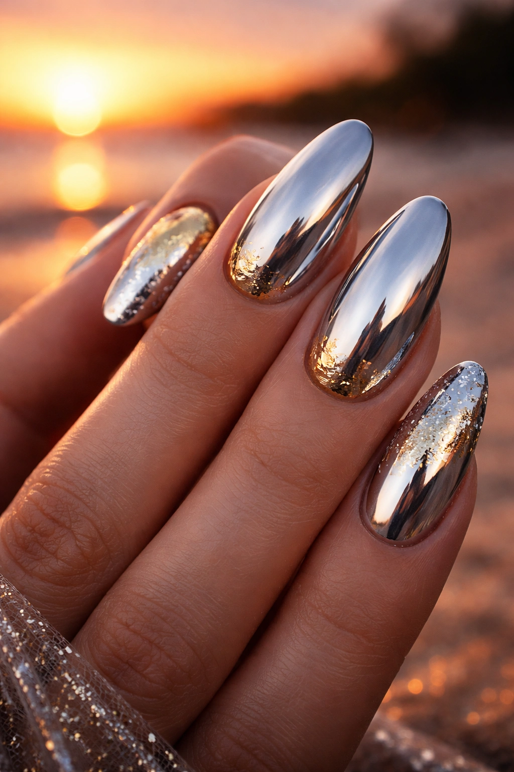 Chrome nails with mirror finish reflecting sunset light