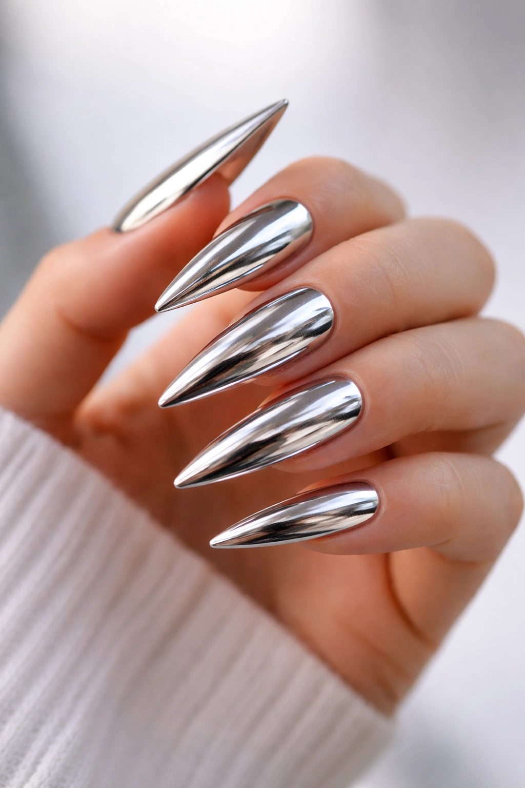 Stiletto nails with chrome mirror finish reflecting light