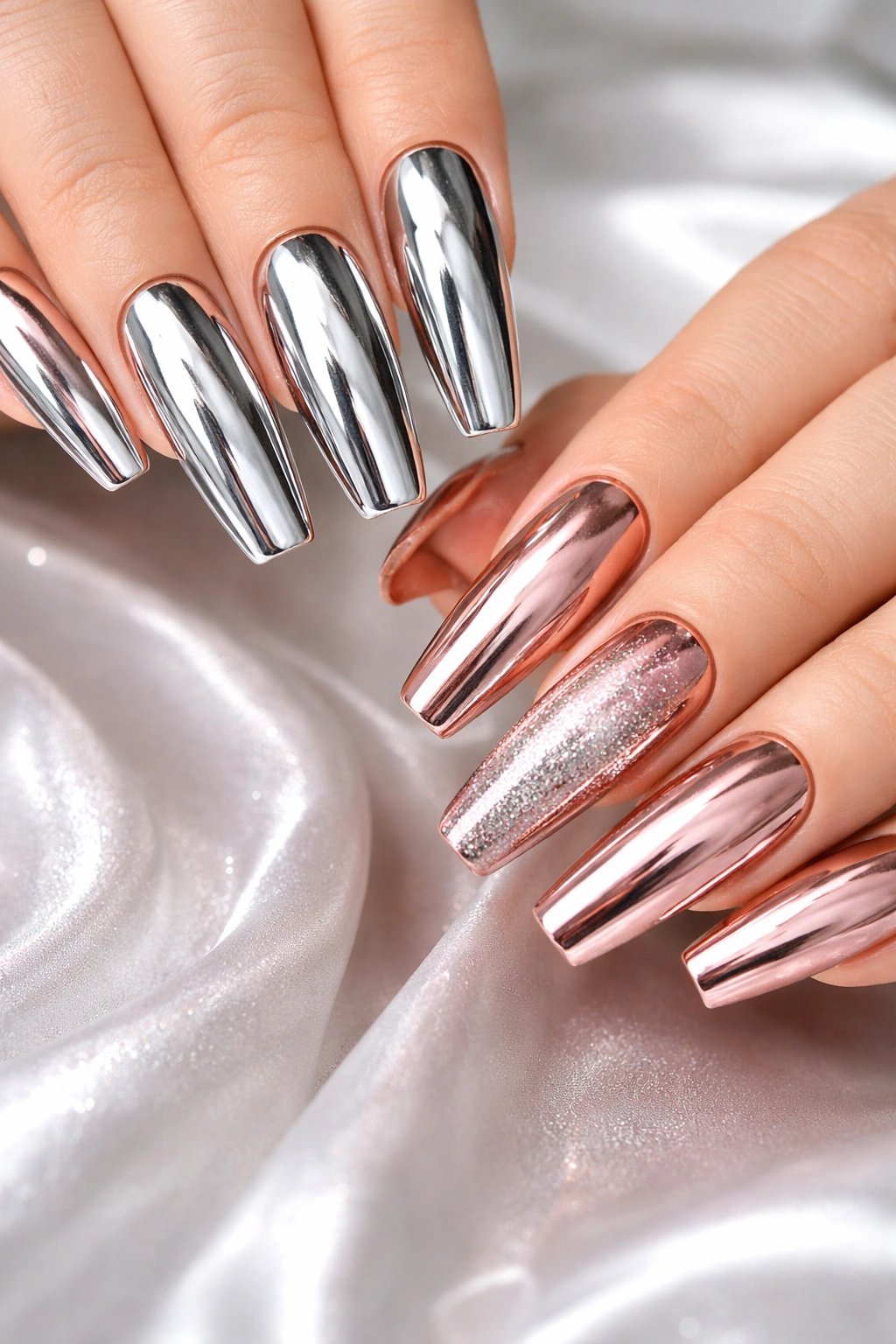 Close-up of chrome nails with a mirror finish