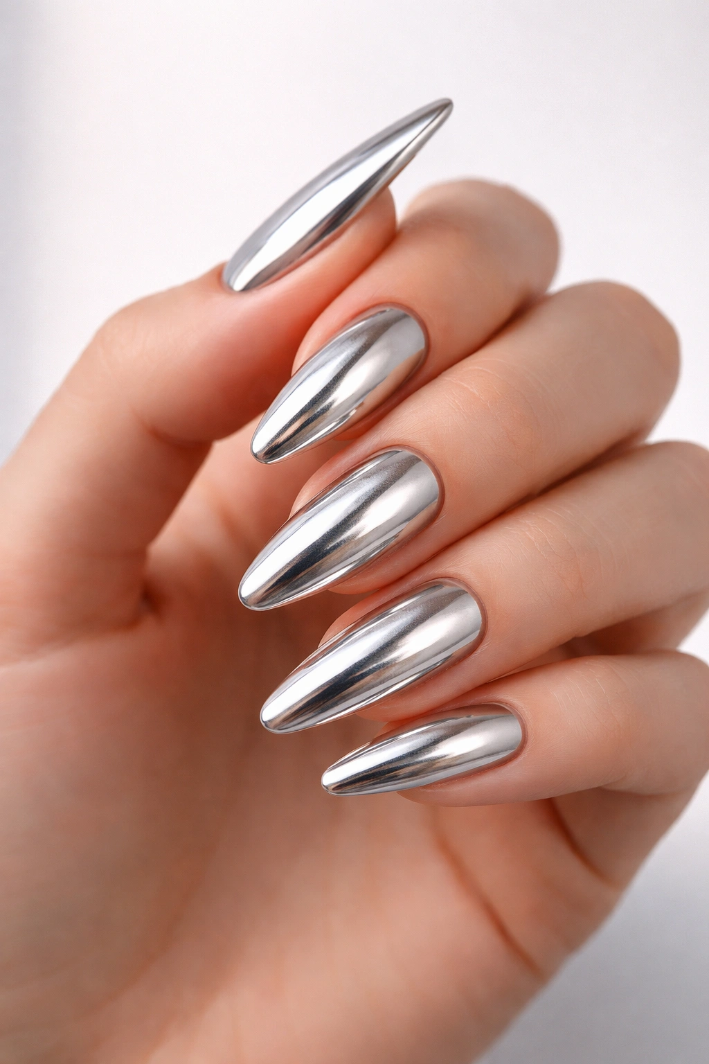 Close-up of chrome metallic finish nails reflecting light on a hand