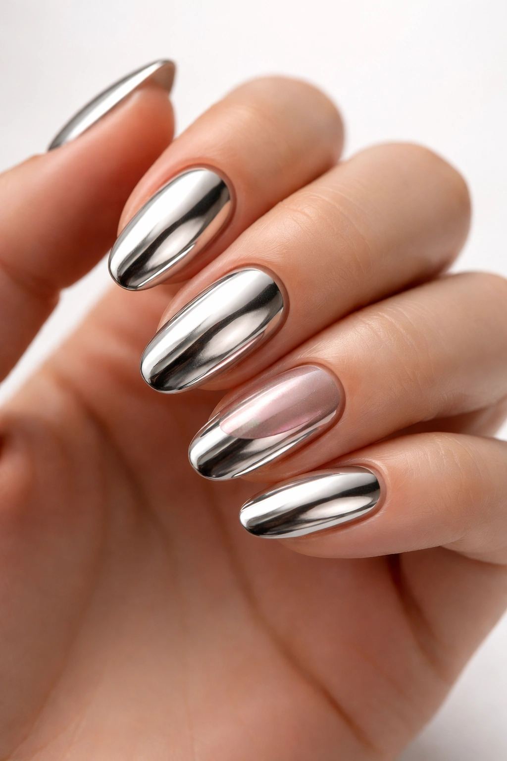 Close-up of chrome metallic nails with mirror finish
