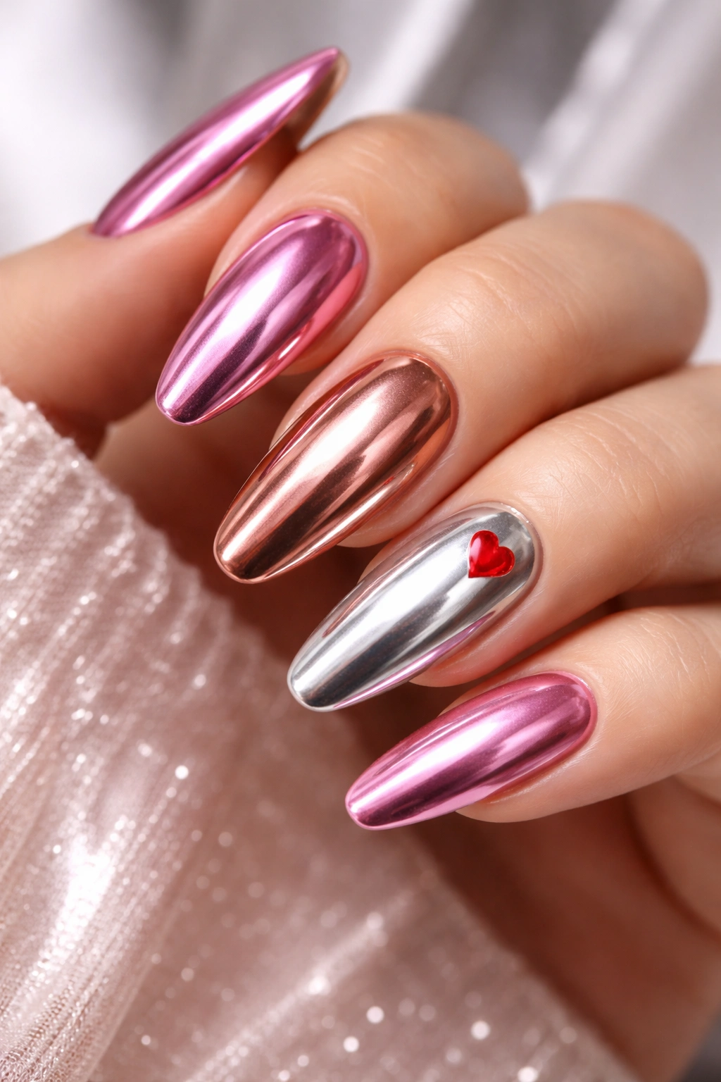 Close-up of chrome metallic nails in pink, rose gold, and silver